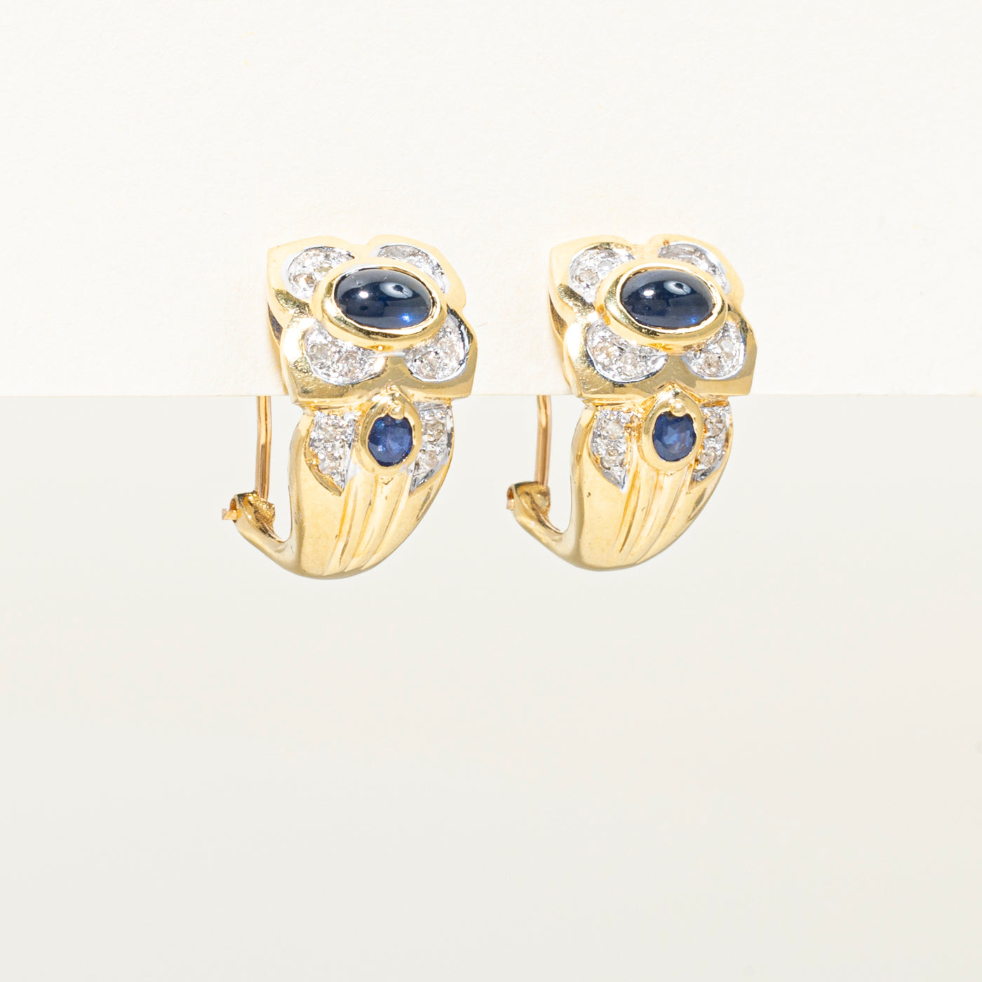 18k Cabochon Sapphire & Diamond Floral Huggie Earrings | 1.20ct, 0.12ct