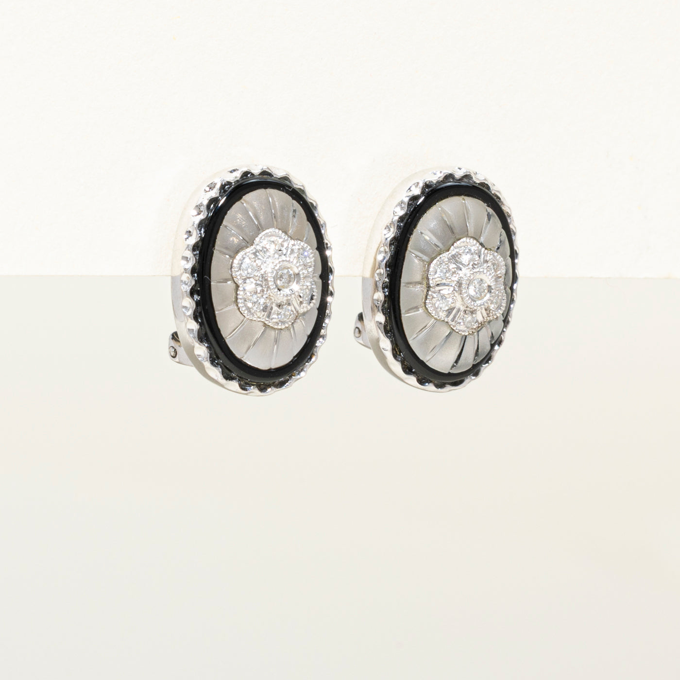 Crystal, Diamond & Onyx Oval Cluster Stud Earrings | 12.07ctw, 0.15ct