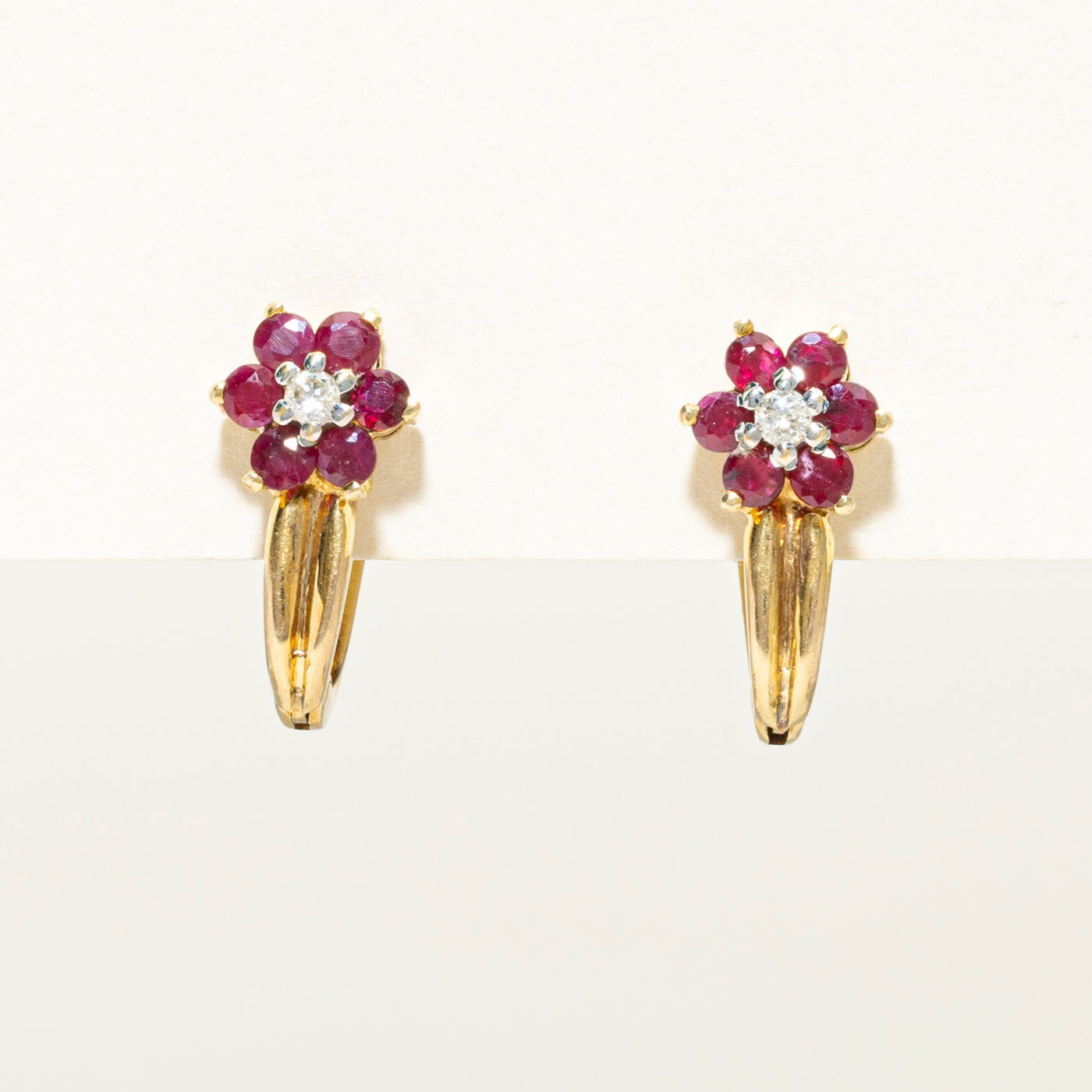 Diamond & Ruby Petal Floral Huggie Earrings | 0.06ct, 0.85ctw