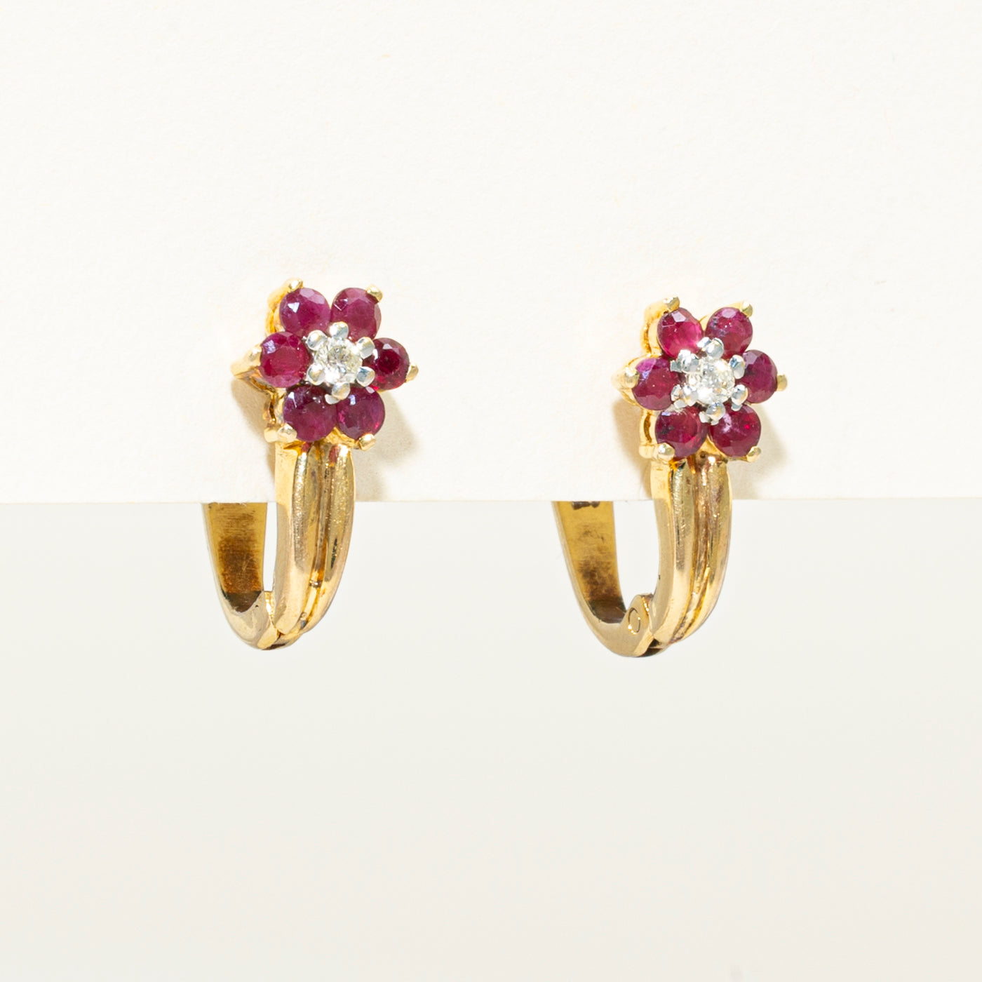 Diamond & Ruby Petal Floral Huggie Earrings | 0.06ct, 0.85ctw