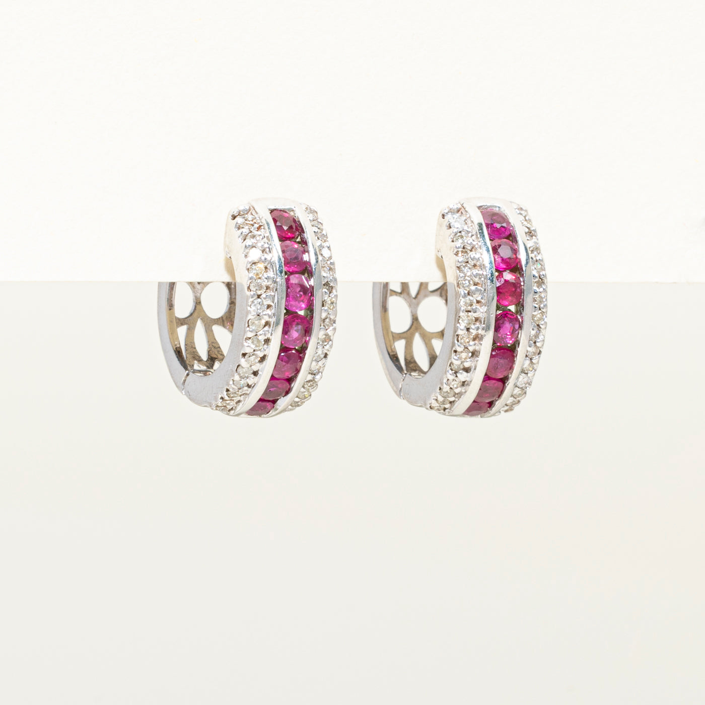Multi Row Diamond & Ruby Huggie Earrings | 0.30ct, 1.60ctw
