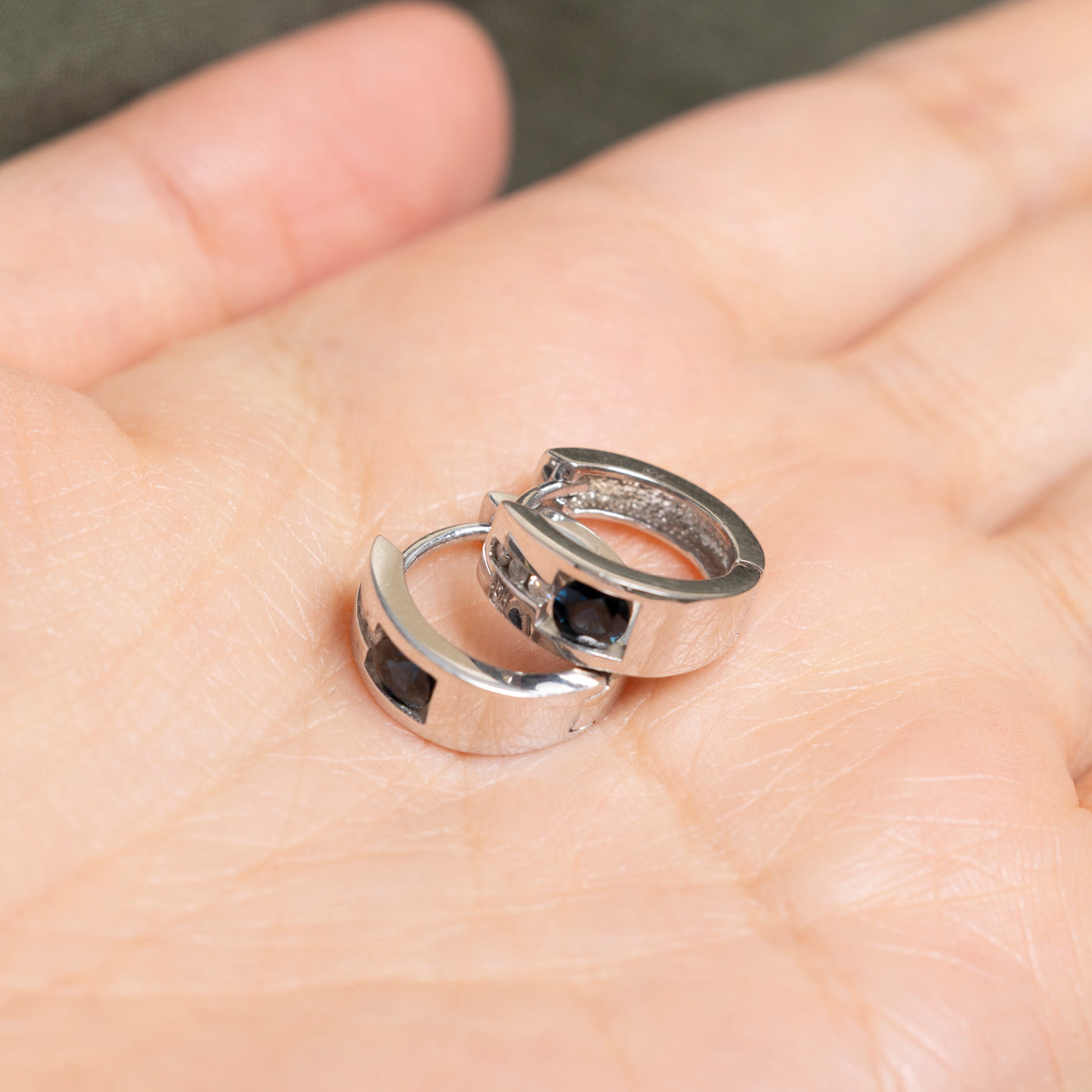 10k White Gold Sapphire & Diamond Huggie Earrings | 0.64ctw, 0.08ct