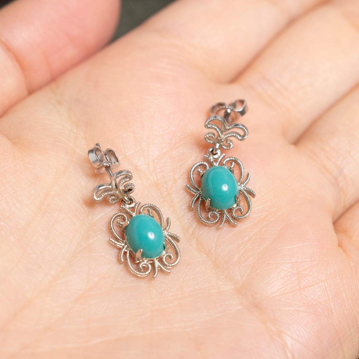 Cabochon Synthetic Turquoise Scrollwork Drop Earrings | 2.40ctw