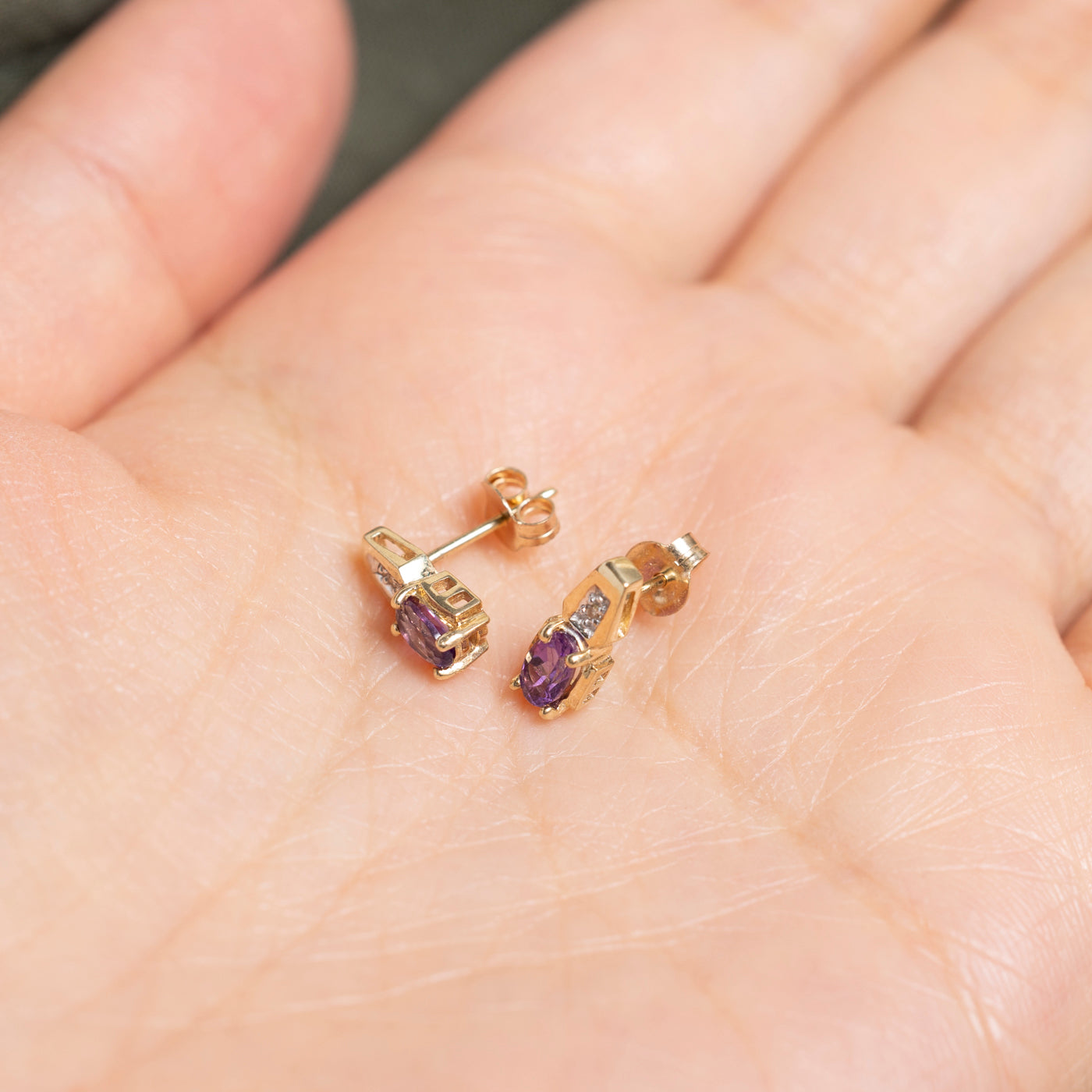 Oval Cut Amethyst & Diamond Stud Earrings | 0.45ctw, 0.01ct