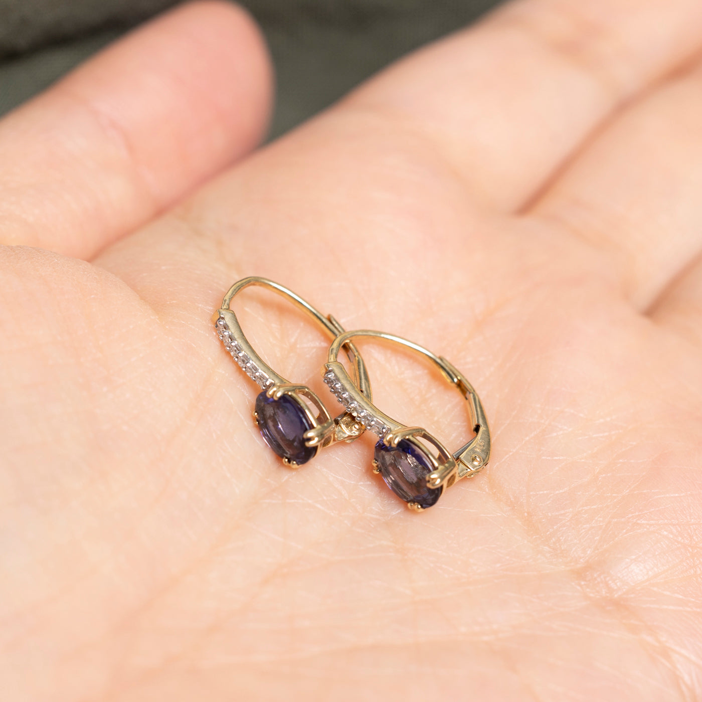 Oval Cut Iolite & Diamond Drop Earrings | 1.34ctw, 0.06ct