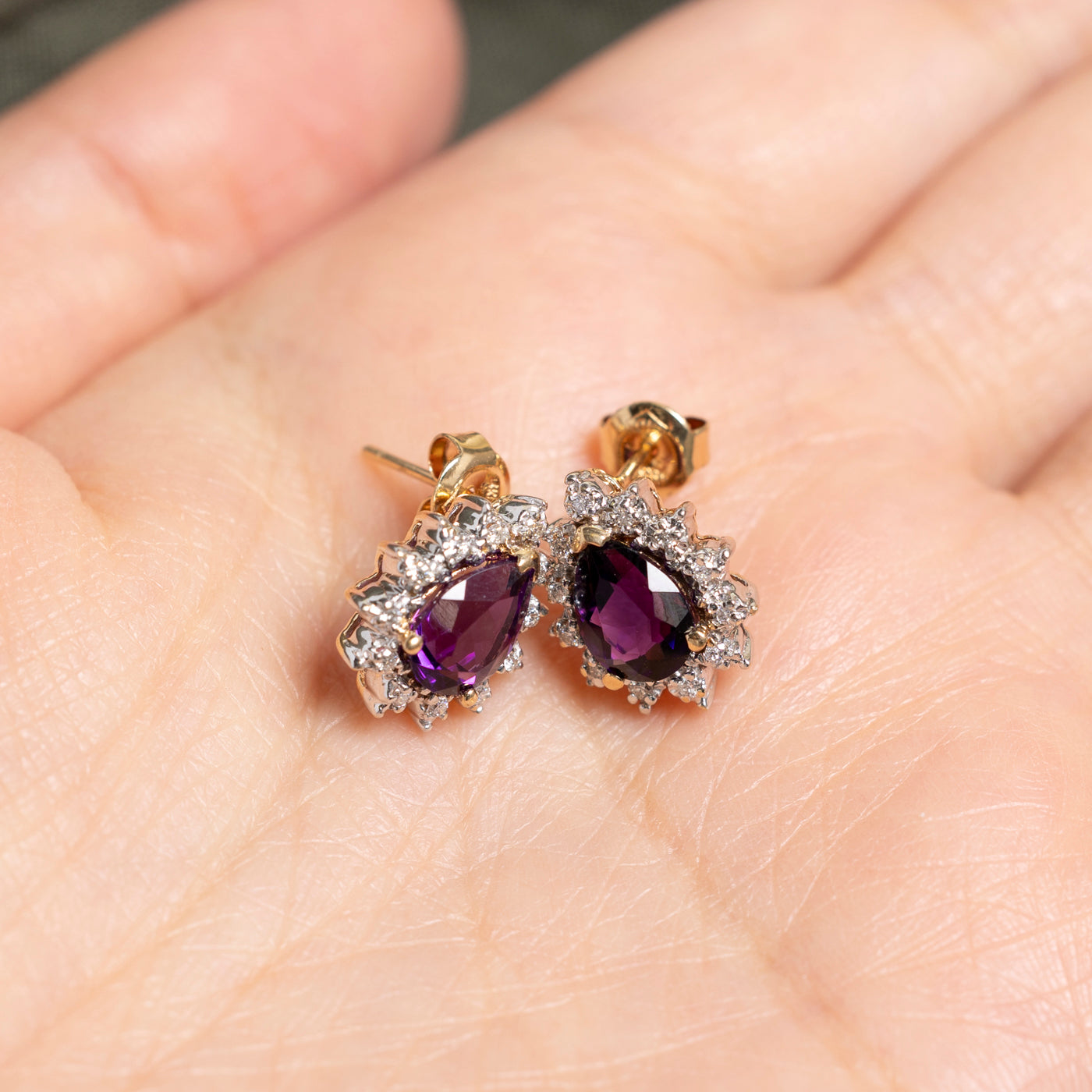 Pear Cut Amethyst & Diamond Halo Petal Stud Earrings | 1.90ctw, 0.20ct