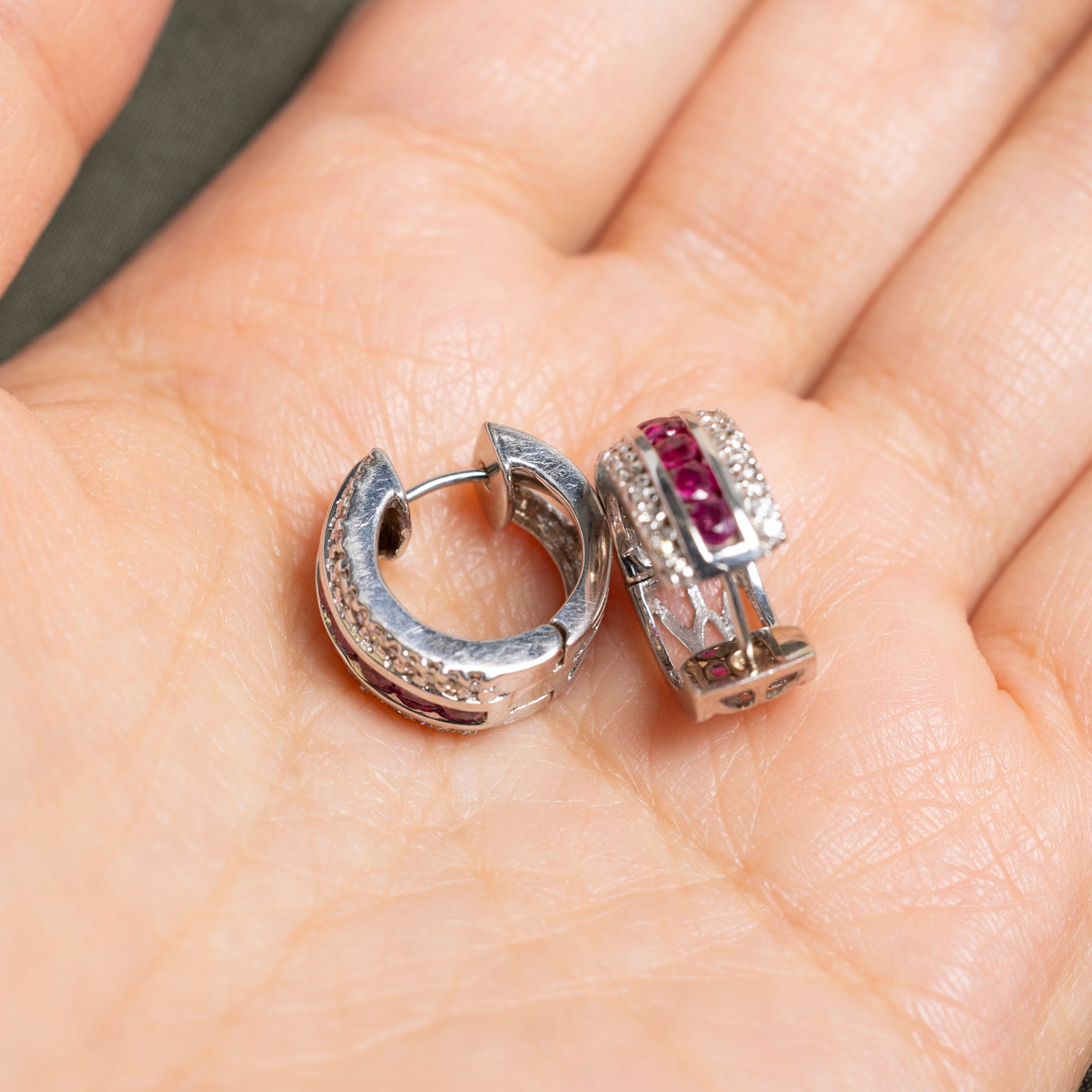 Multi Row Diamond & Ruby Huggie Earrings | 0.30ct, 1.60ctw