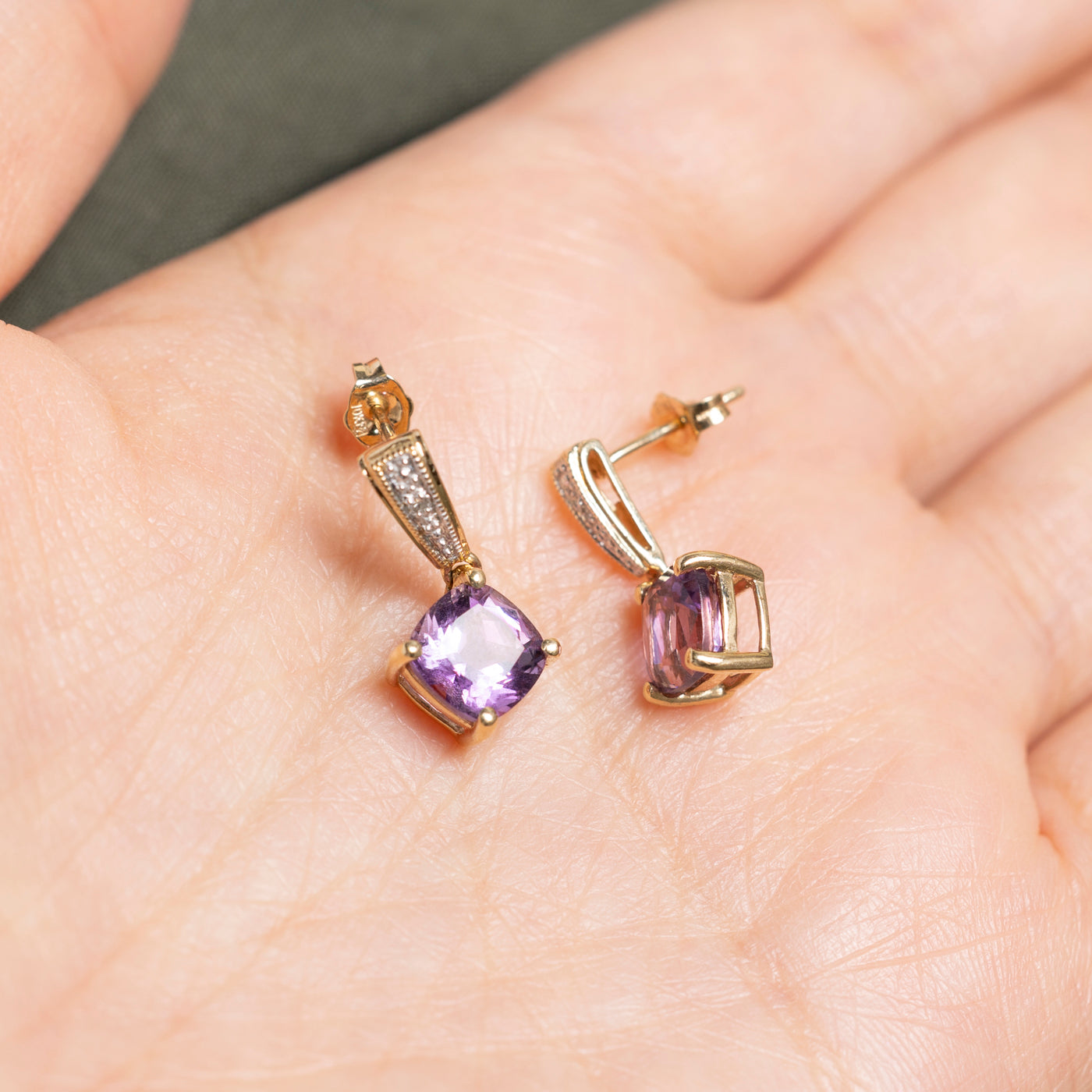 Square Cut Amethyst & Diamond Drop Earrings | 3.60ctw, 0.02ct