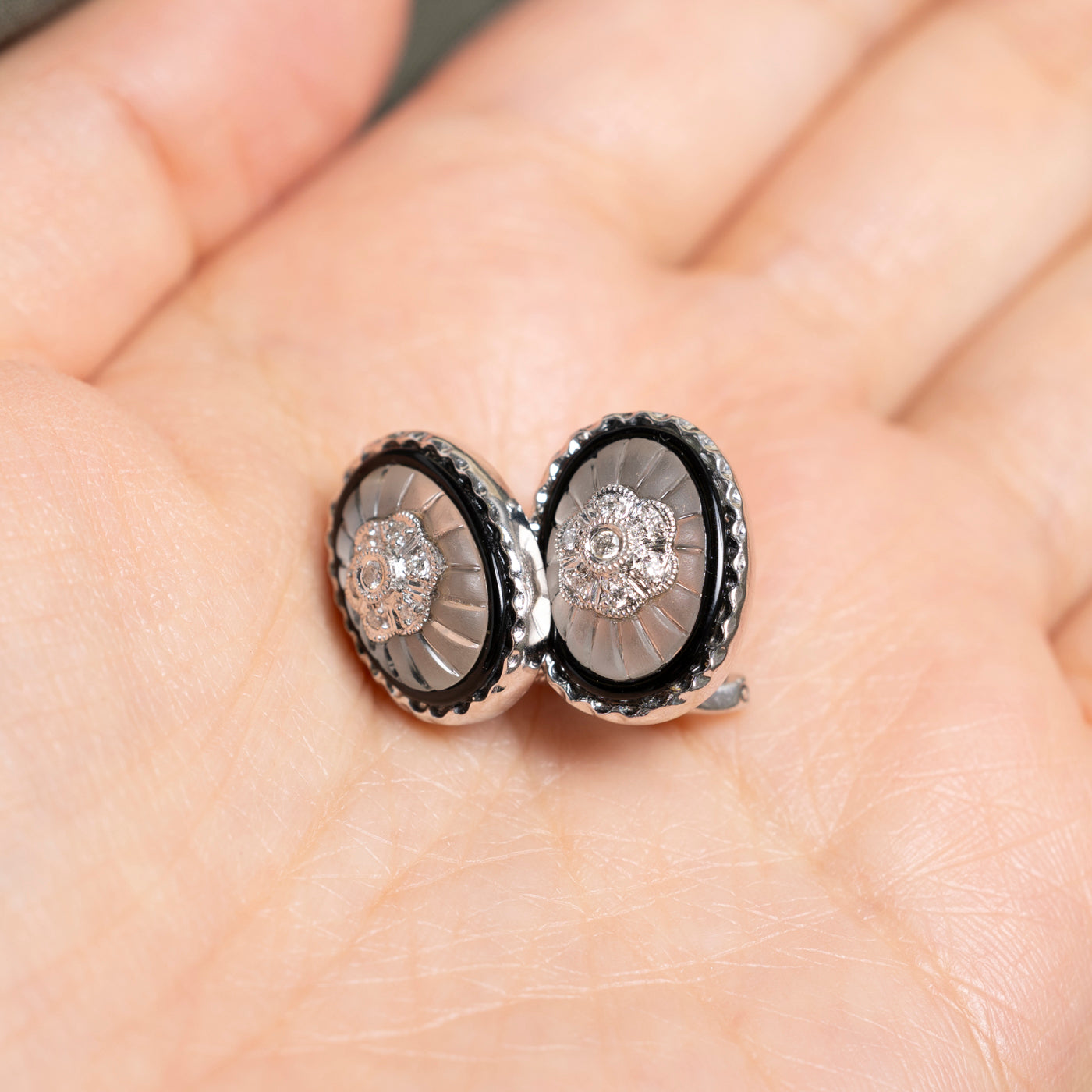 Crystal, Diamond & Onyx Oval Cluster Stud Earrings | 12.07ctw, 0.15ct