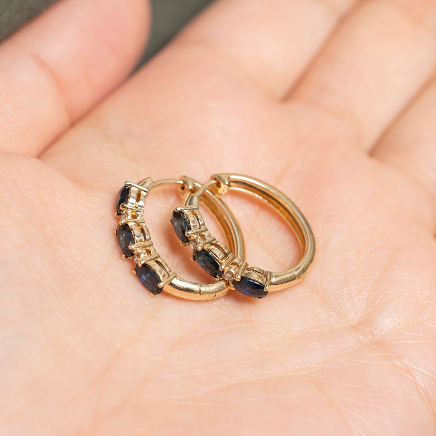 Three Stone Sapphire & Diamond Hoop Earrings | 1.50ctw, 0.12ct