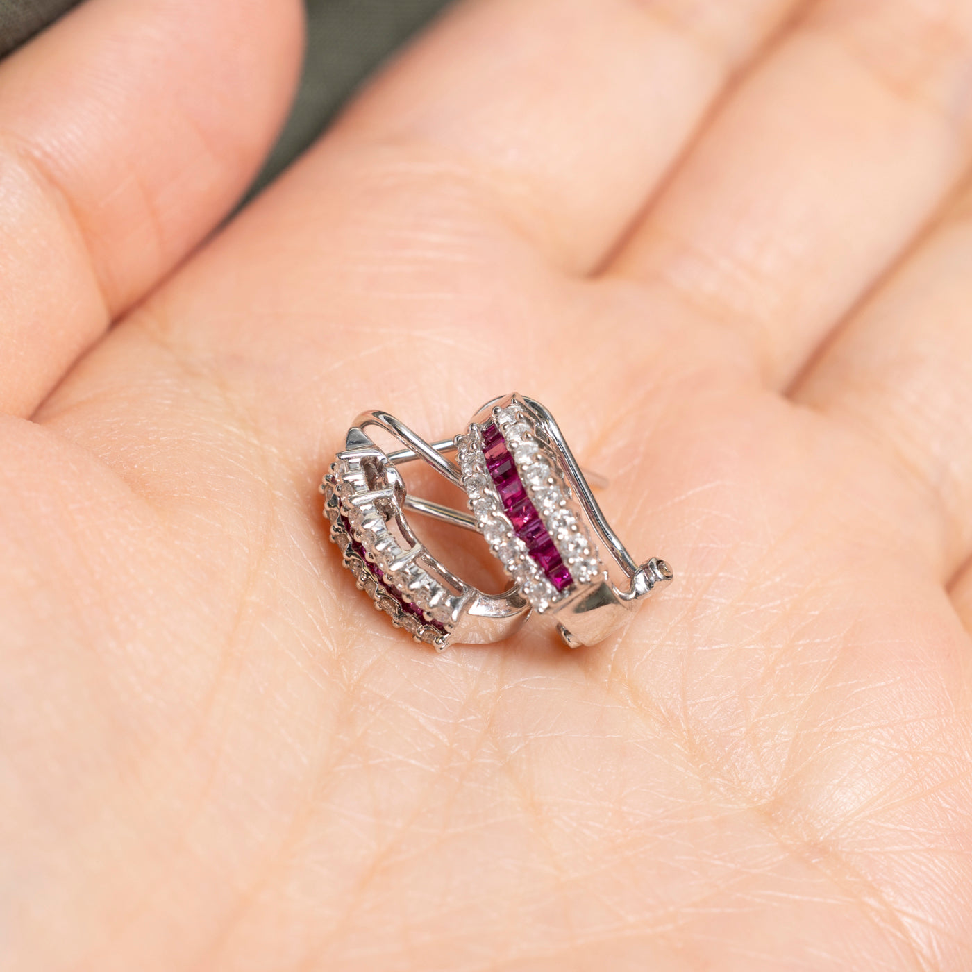 18k Multi Row Diamond & Ruby Stud Earrings | 0.50ct, 0.60ctw
