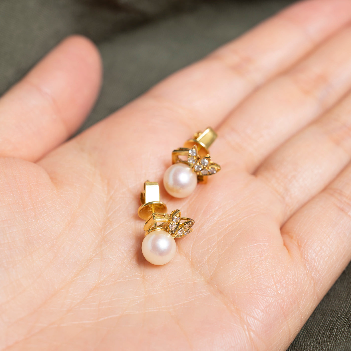 Yellow Gold Diamond & Pearl Stud Earrings | 0.12ct