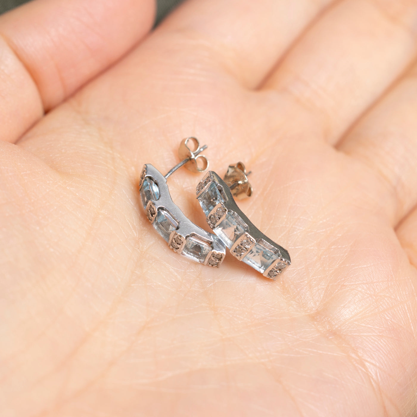 Blue Topaz & Diamond Bar Stud Earrings | 2.40ctw, 0.16ct