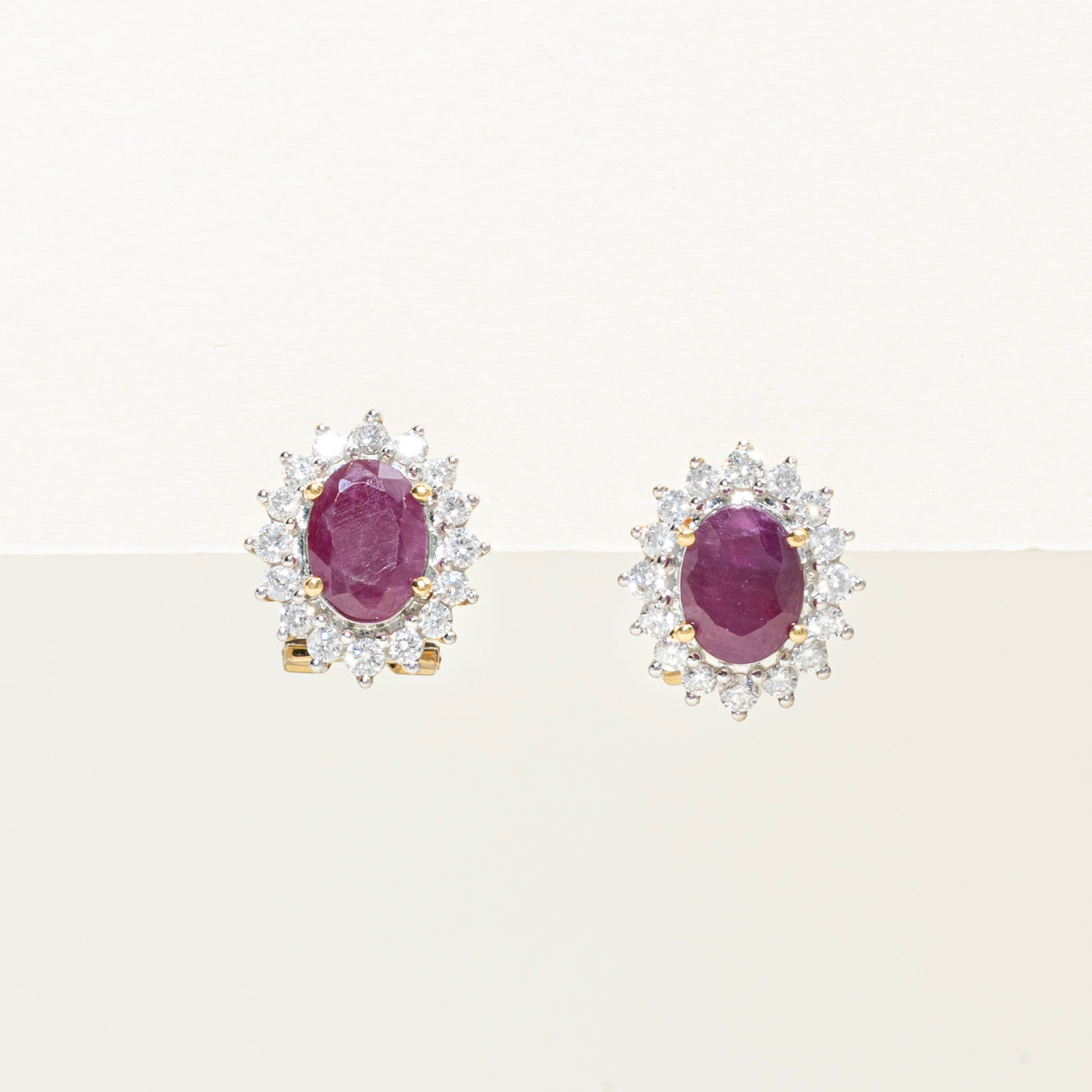 18k Oval Cut Ruby & Diamond Halo Petal Earrings | 2.00ctw, 0.75ct