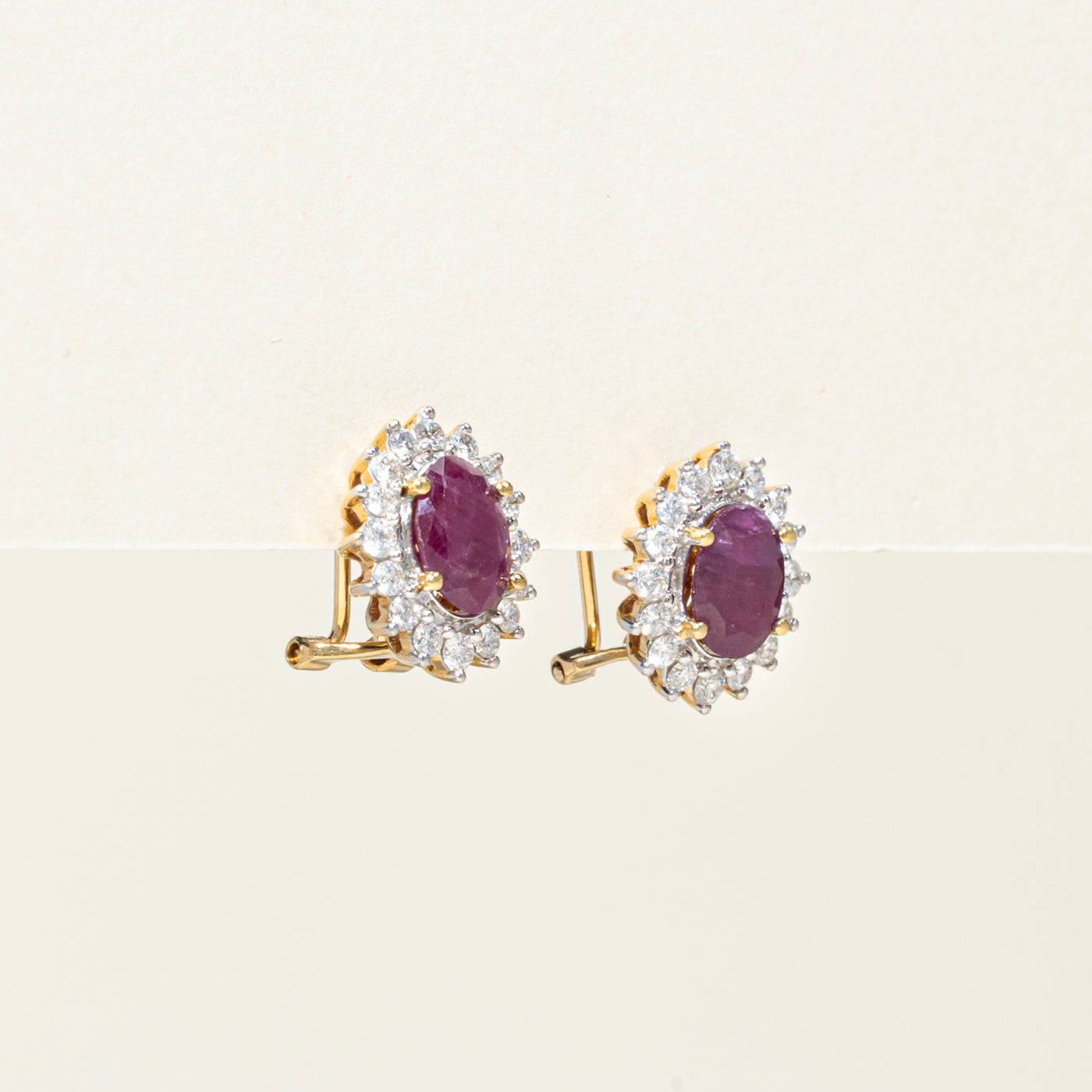 18k Oval Cut Ruby & Diamond Halo Petal Earrings | 2.00ctw, 0.75ct