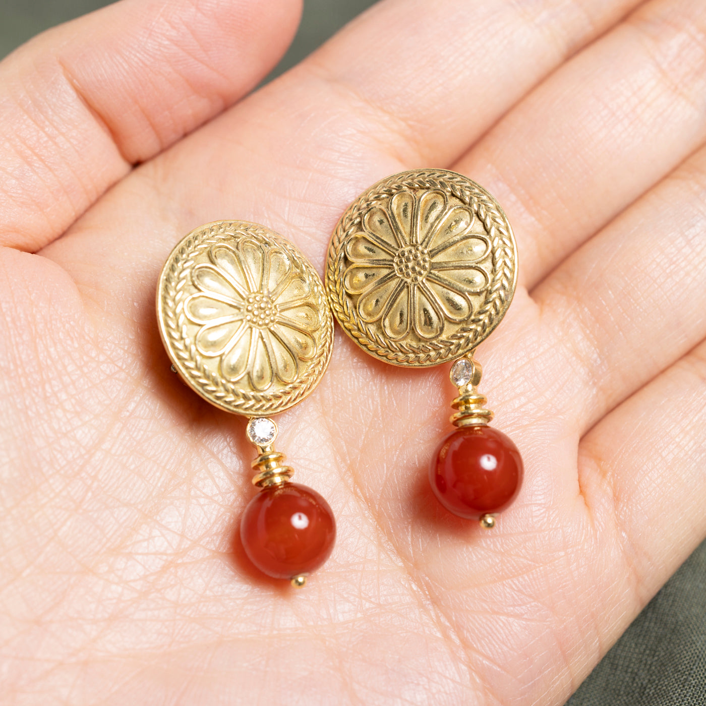 18k Carnelian & Diamond Floral Disc Clip-On Earrings | 12.00ctw, 0.15ct