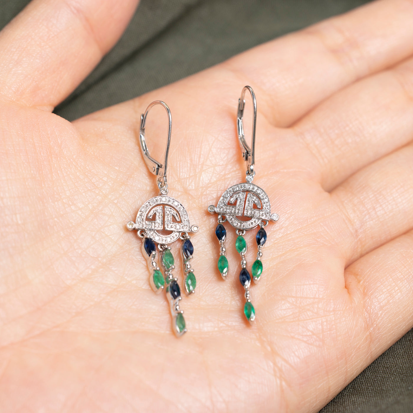 Marquise Cut Diamond & Emerald, Sapphire Chandelier Earrings | 0.17ct, 0.70ctw