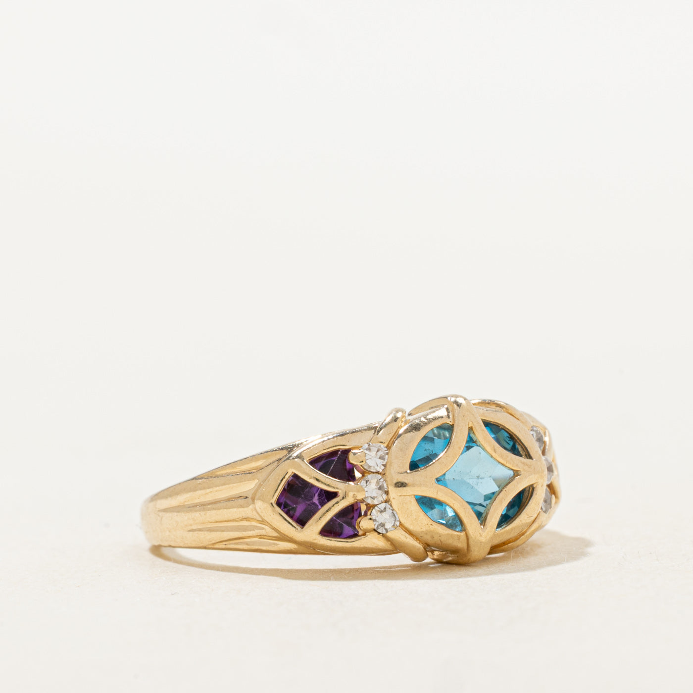 Three Stone Blue Topaz, Amethyst & Diamond Ring | 1.78ctw, 0.03ctw | SZ 6.5 |