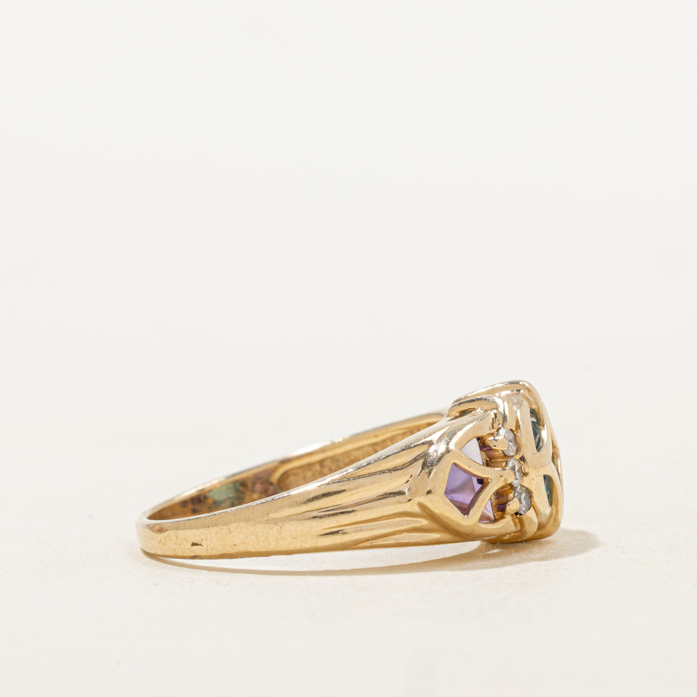Three Stone Blue Topaz, Amethyst & Diamond Ring | 1.78ctw, 0.03ctw | SZ 6.5 |