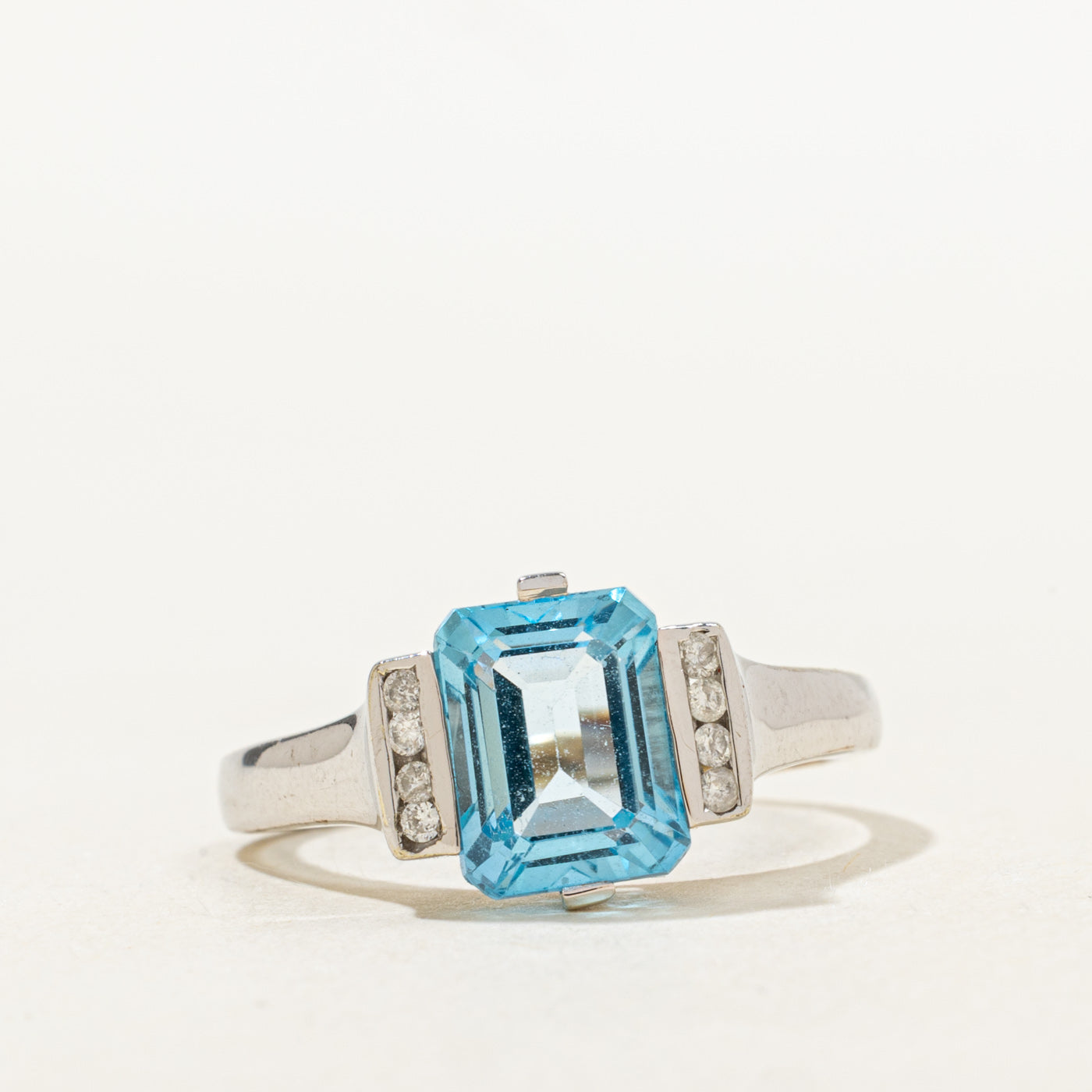 Emerald Cut Blue Topaz & Diamond Ring | 2.8ct, 0.04ctw | SZ 8.5 |