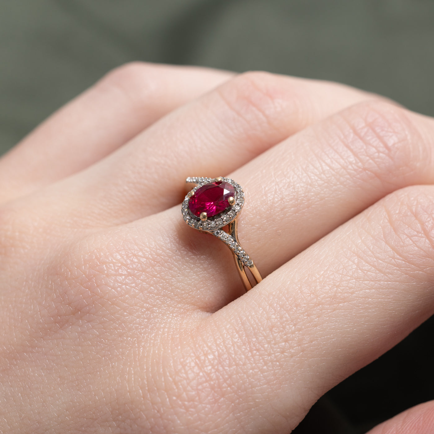 Synthetic Ruby & Natural Diamond Halo Crossover Ring | 0.84ct, 0.08ctw | SZ 6.75 |