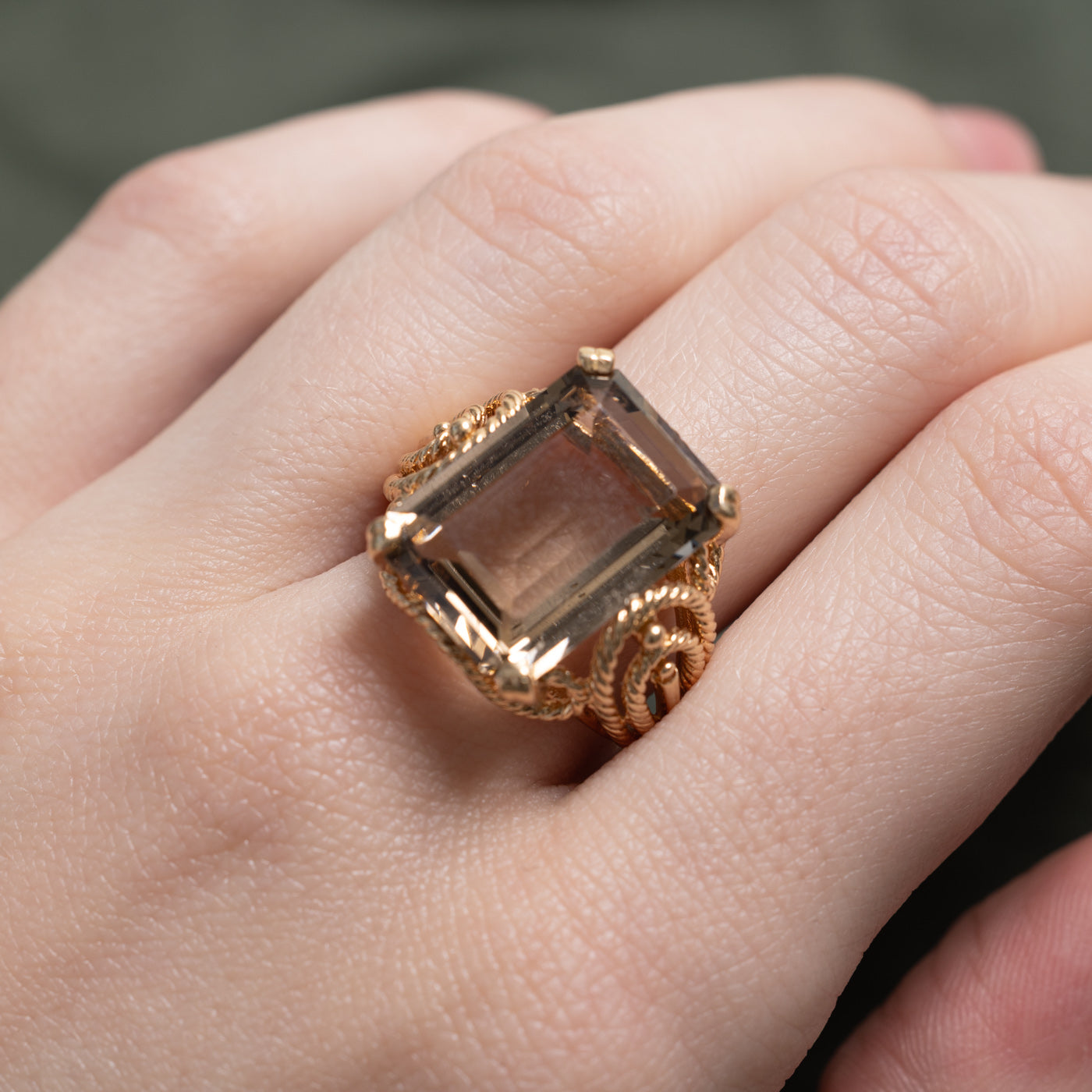 Emerald Cut Smoky Quartz Rope Cocktail RIng | 9.23ct | SZ 8.5 |