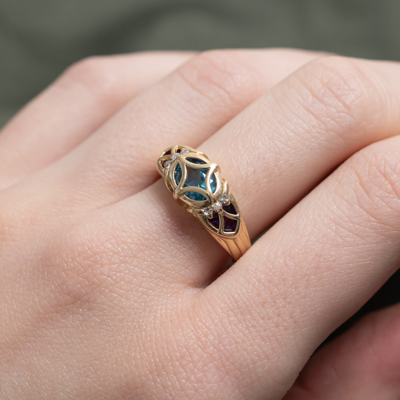 Three Stone Blue Topaz, Amethyst & Diamond Ring | 1.78ctw, 0.03ctw | SZ 6.5 |