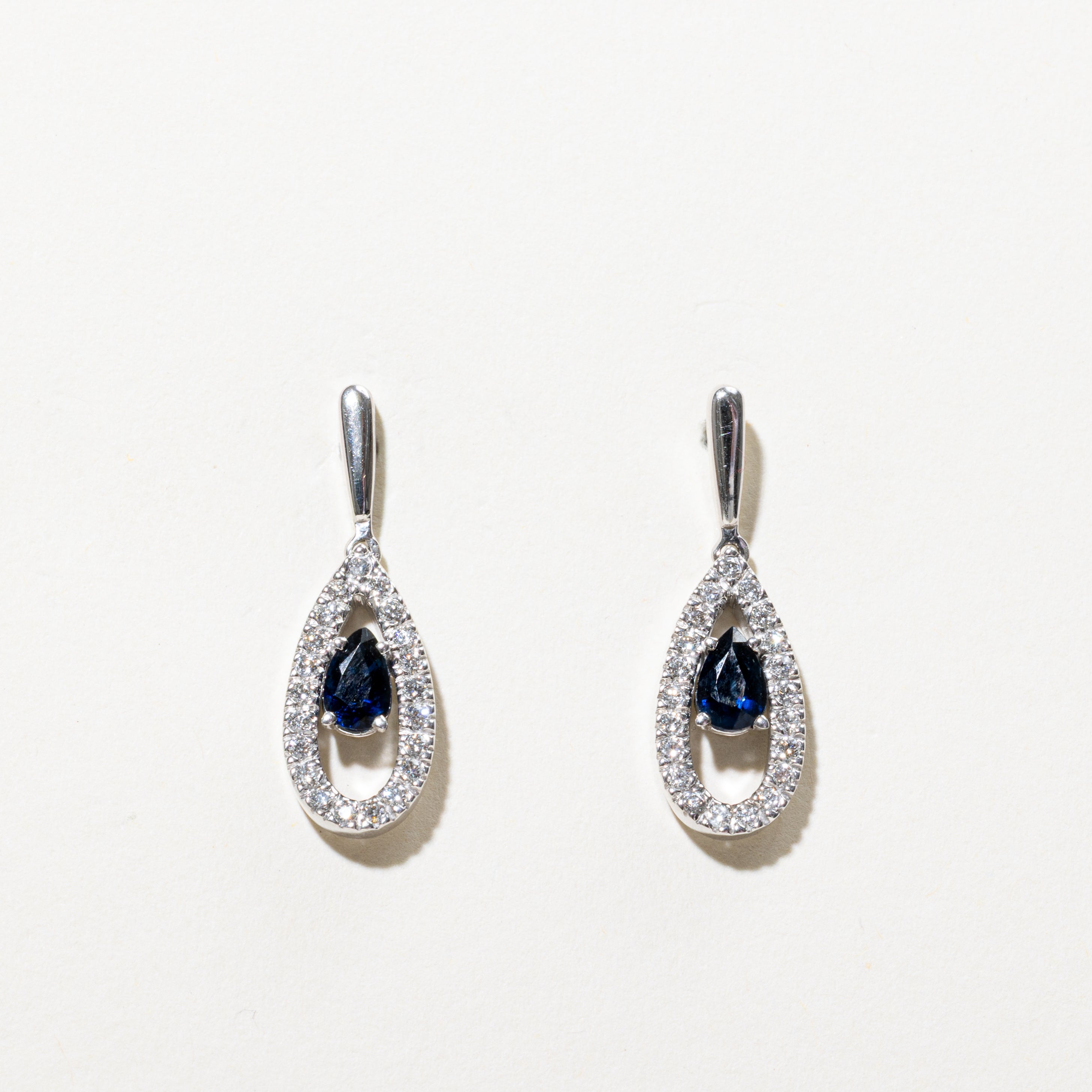 Pear Cut Sapphire & Diamond Halo Drop Earrings | 0.90ctw, 0.50ctw