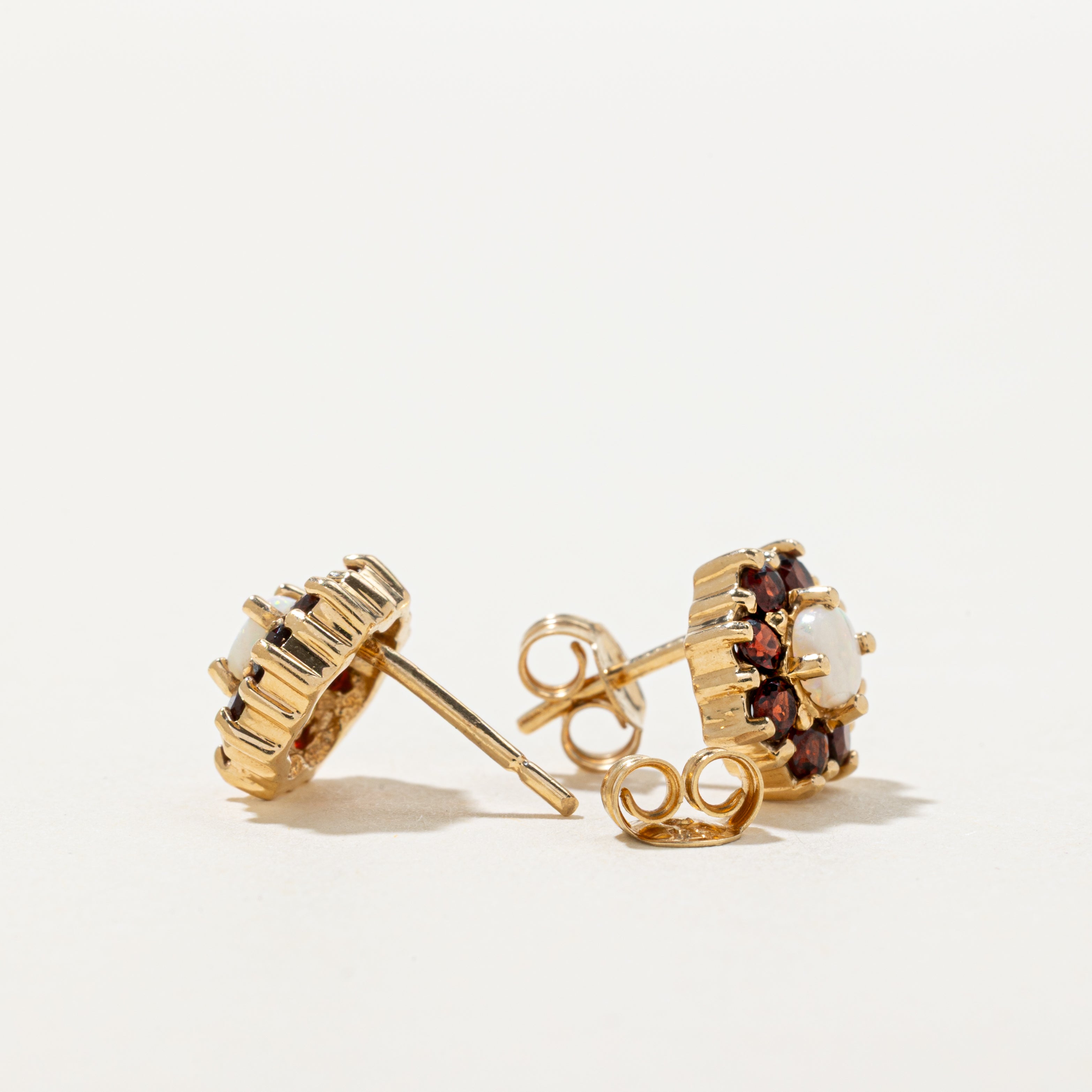 Cabochon Opal & Garnet Halo Stud Earrings | 1.10ctw