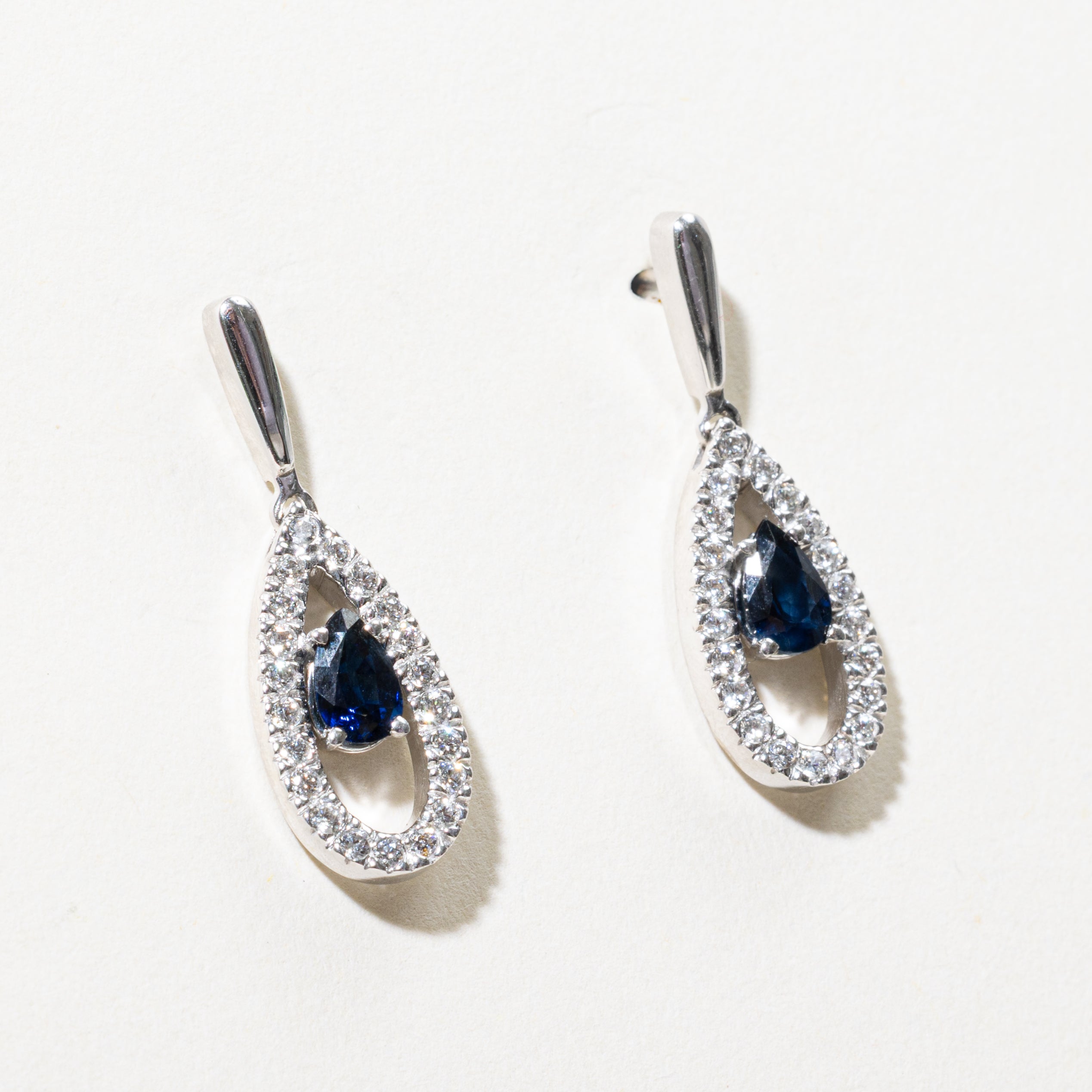 Pear Cut Sapphire & Diamond Halo Drop Earrings | 0.90ctw, 0.50ctw