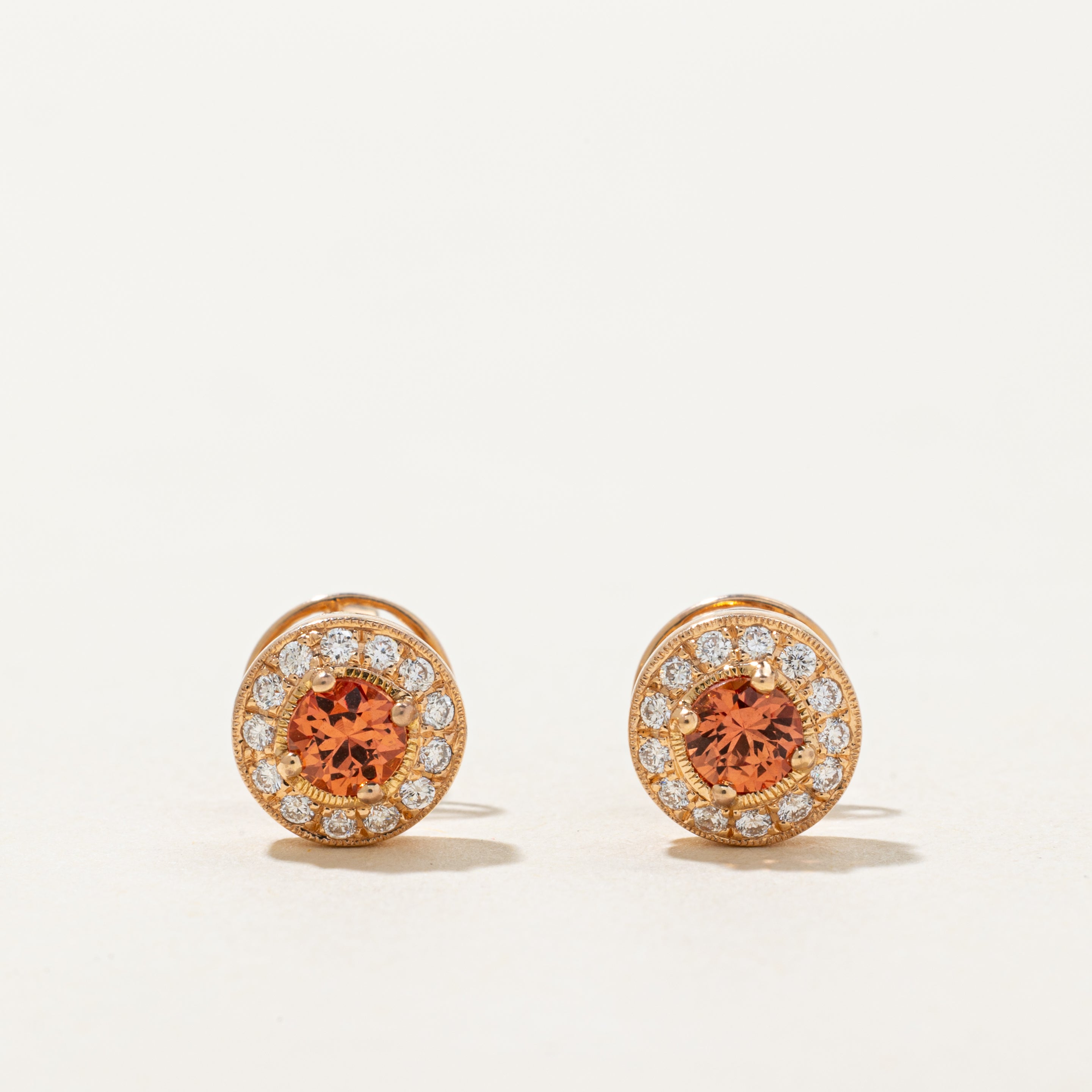 18k Synthetic Orange Sapphire & Diamond Halo Stud Earrings | 0.50ctw, 0.18ctw