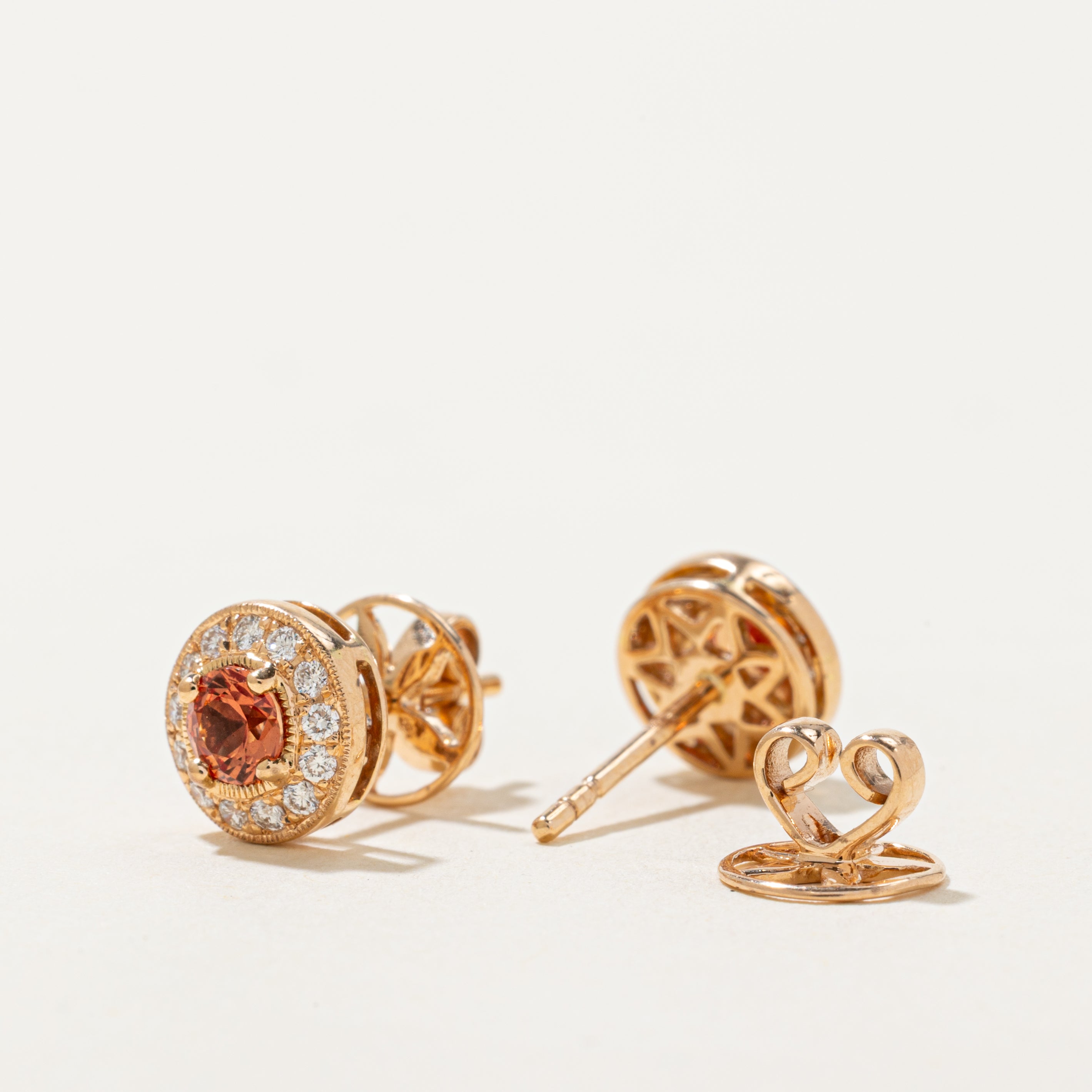 18k Synthetic Orange Sapphire & Diamond Halo Stud Earrings | 0.50ctw, 0.18ctw