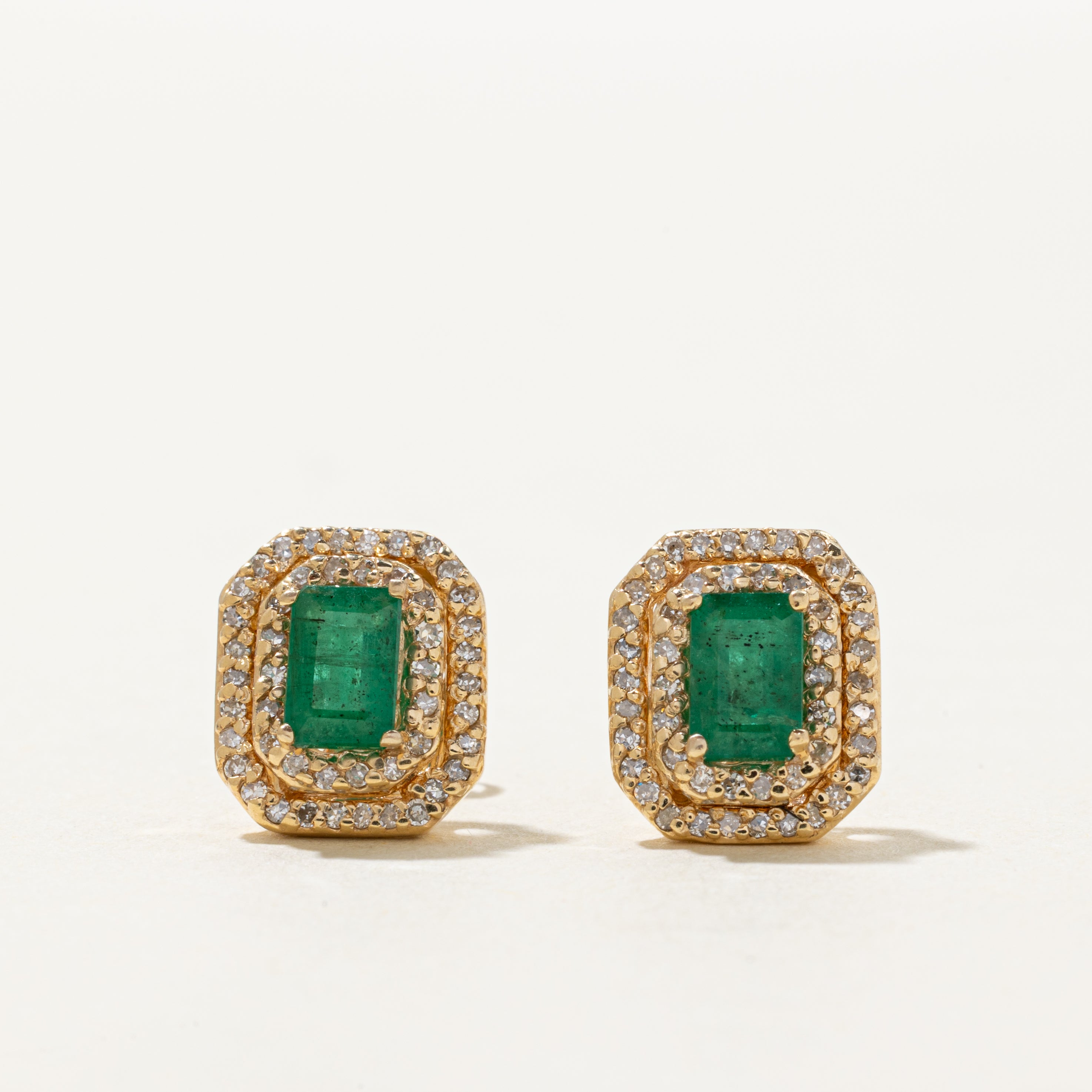 Octagonal Emerald & Diamond Halo Earrings | 1.00ctw, 0.40ctw