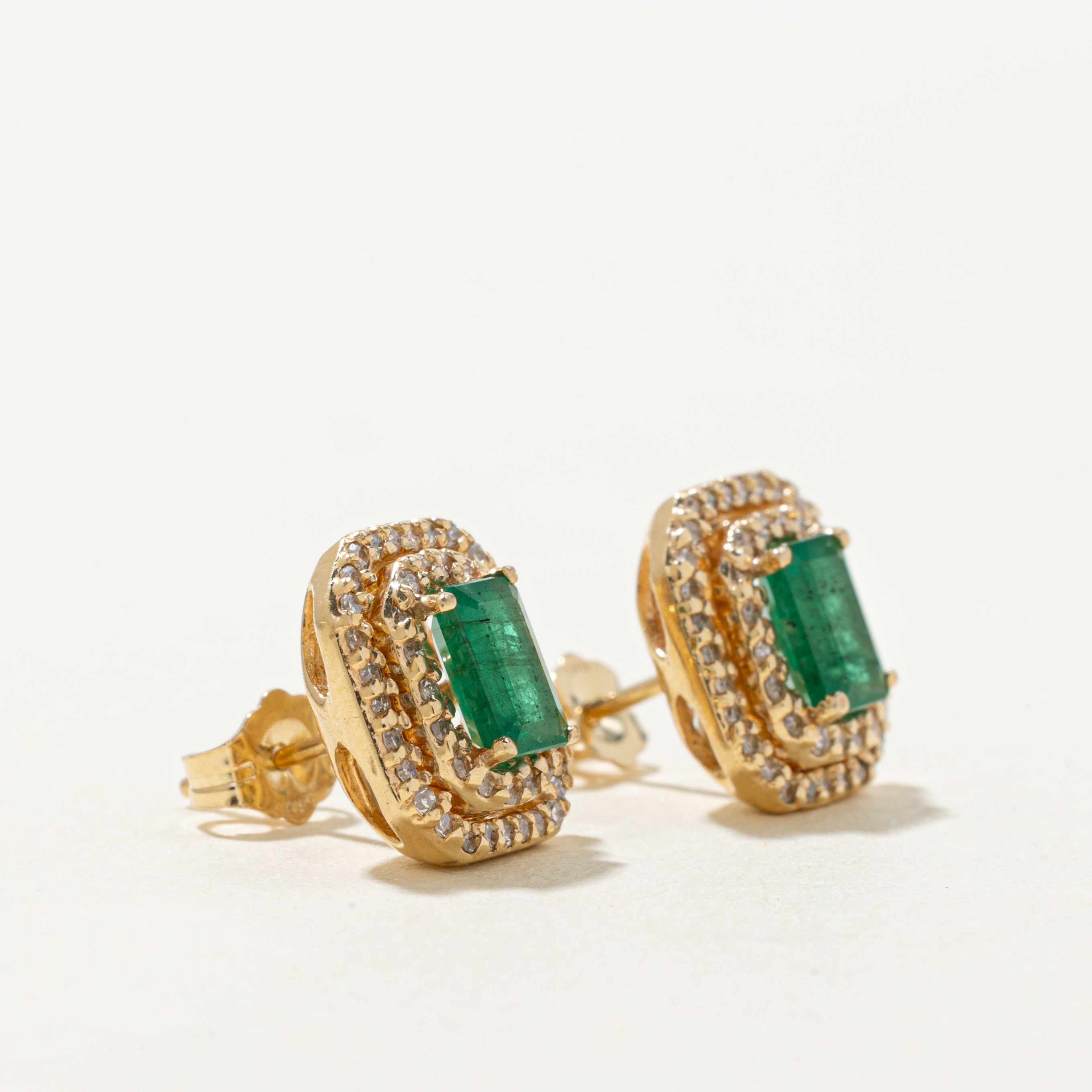 Octagonal Emerald & Diamond Halo Earrings | 1.00ctw, 0.40ctw