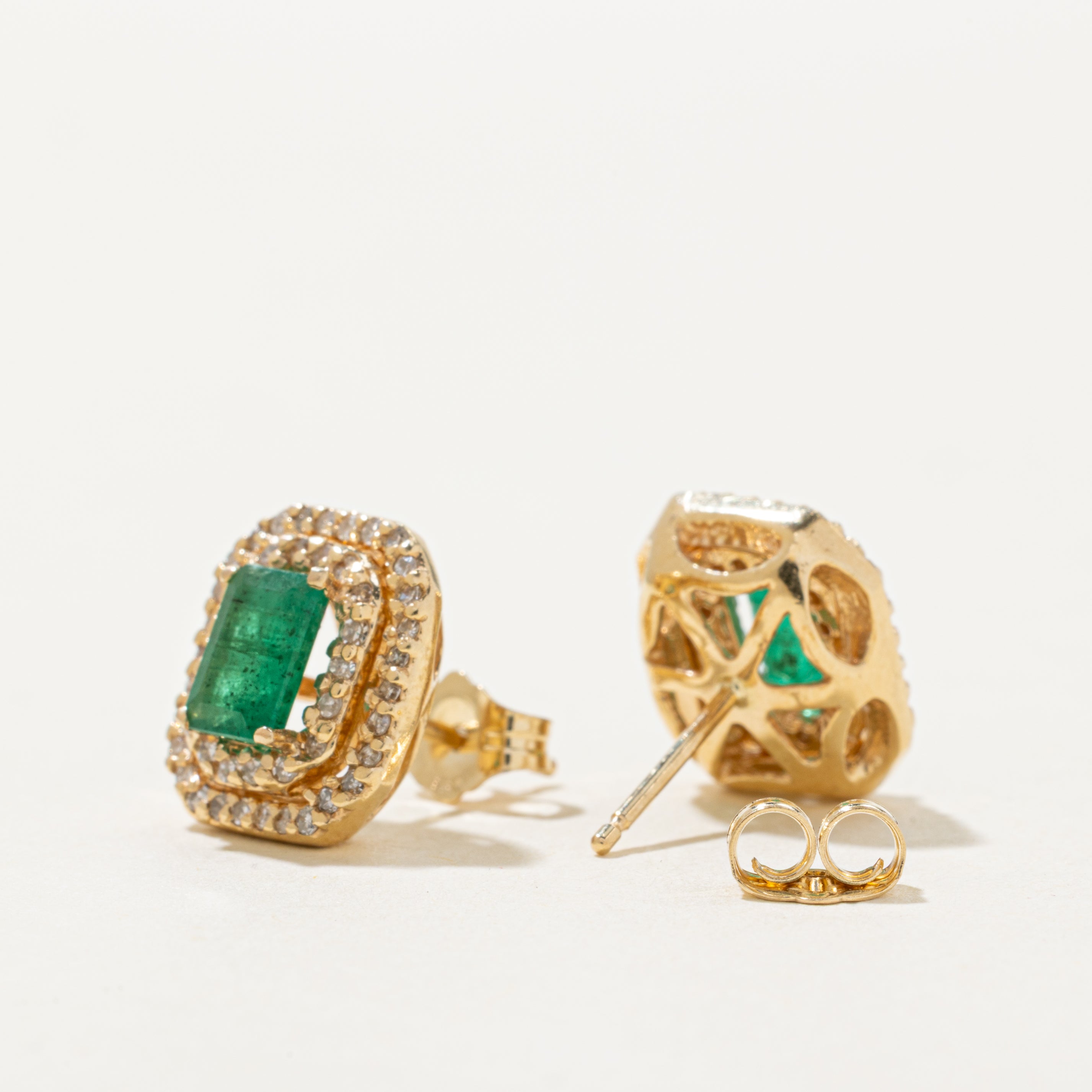 Octagonal Emerald & Diamond Halo Earrings | 1.00ctw, 0.40ctw