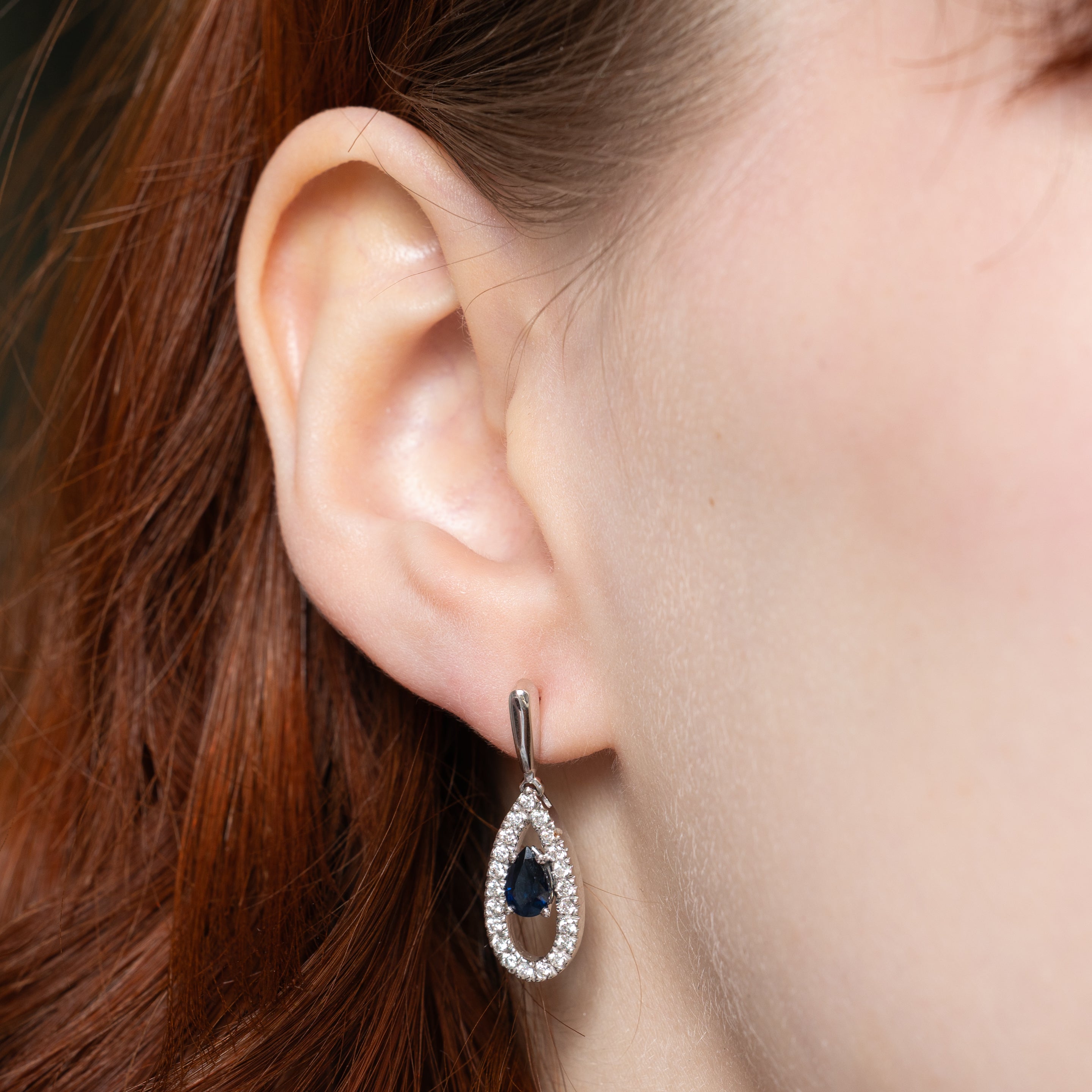 Pear Cut Sapphire & Diamond Halo Drop Earrings | 0.90ctw, 0.50ctw