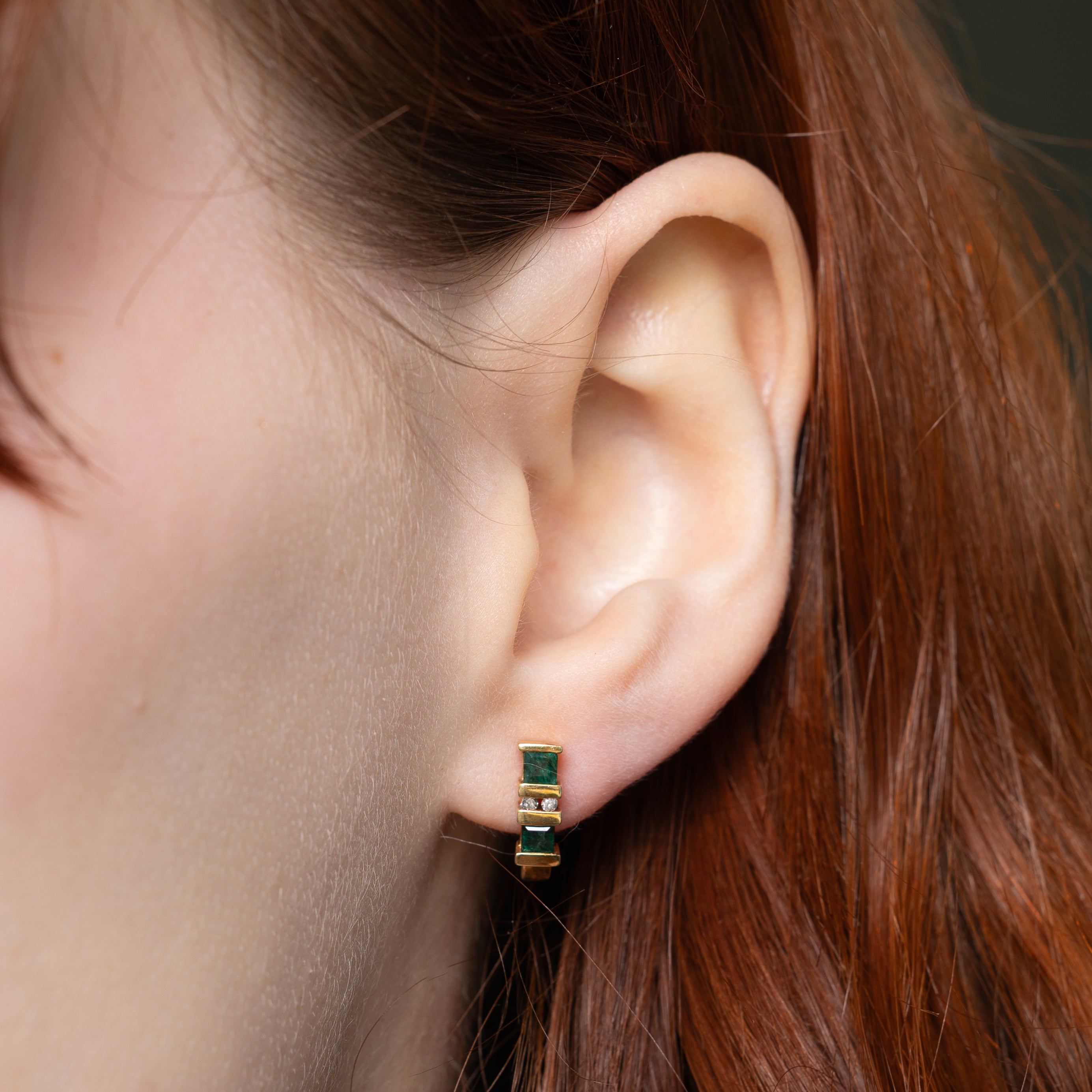 Channel Set Emerald & Diamond Half Huggie Earrings | 0.40ctw, 0.04ctw