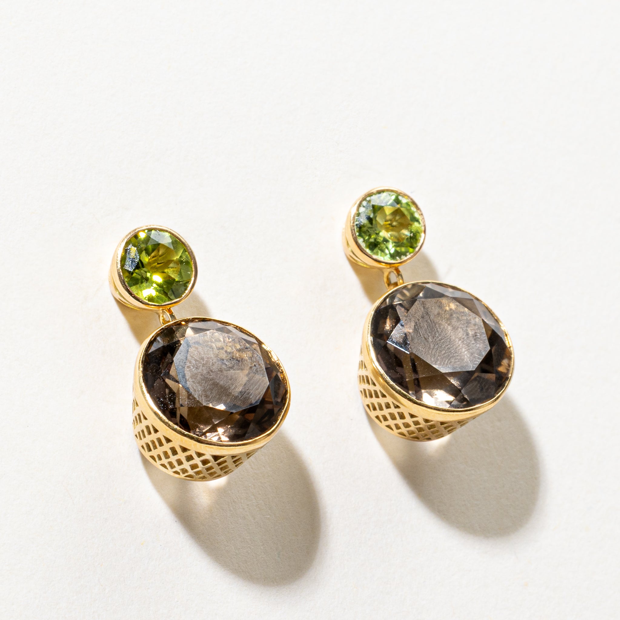 18k Smoky Quartz & Peridot Drop Earrings | 14.00ctw