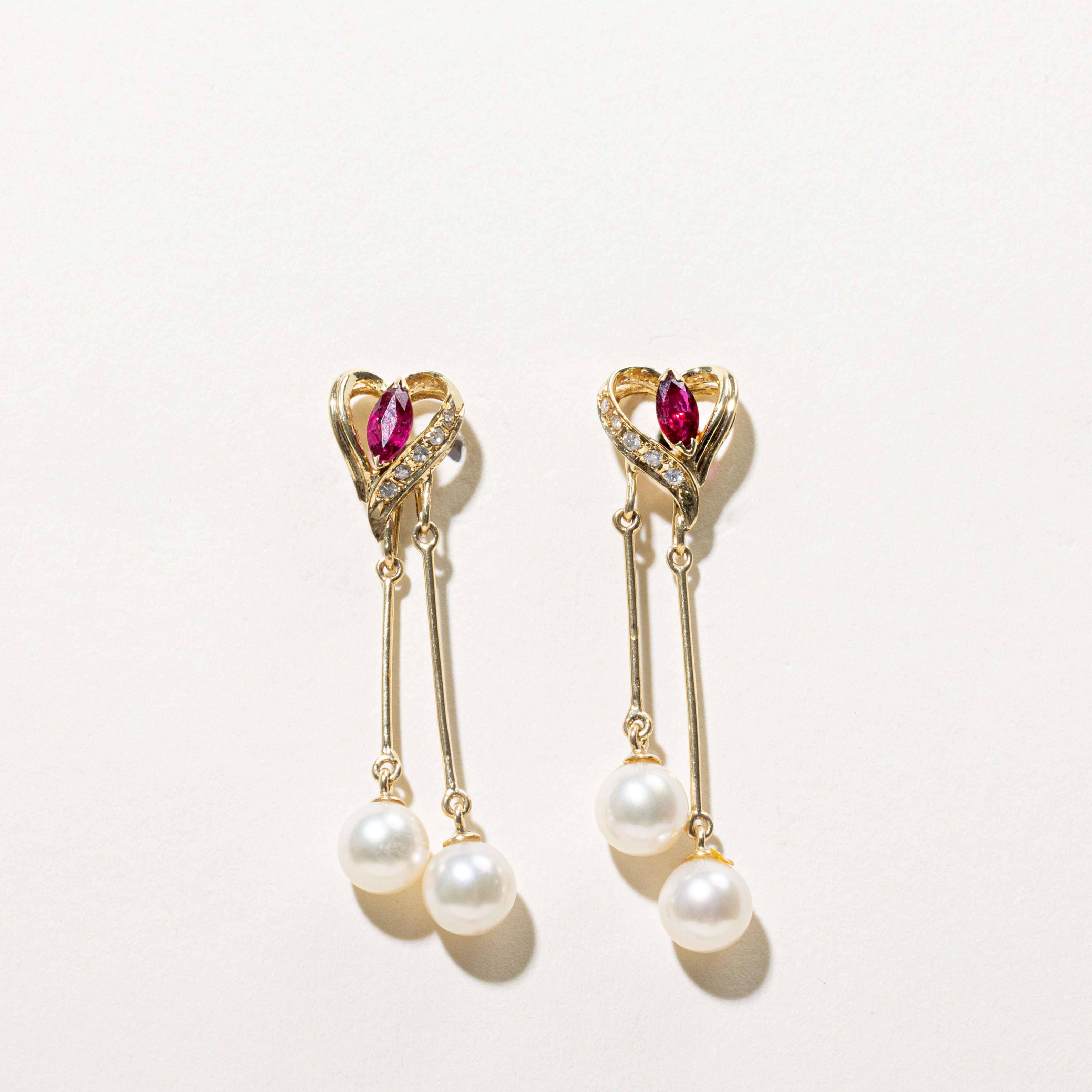 Ruby, Diamond & Pearl Heart Drop Earrings | 0.50ctw, 0.10ctw