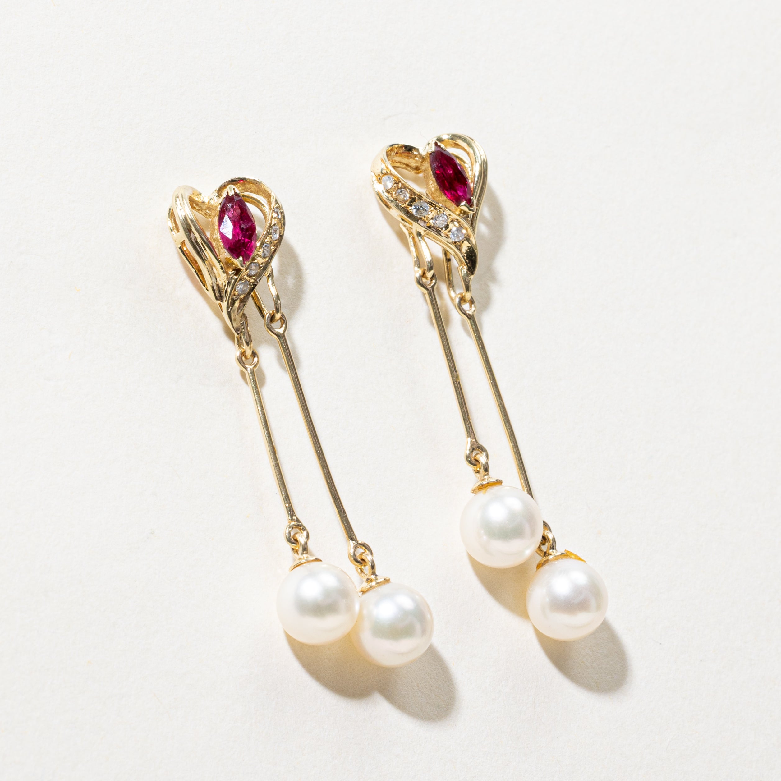 Ruby, Diamond & Pearl Heart Drop Earrings | 0.50ctw, 0.10ctw
