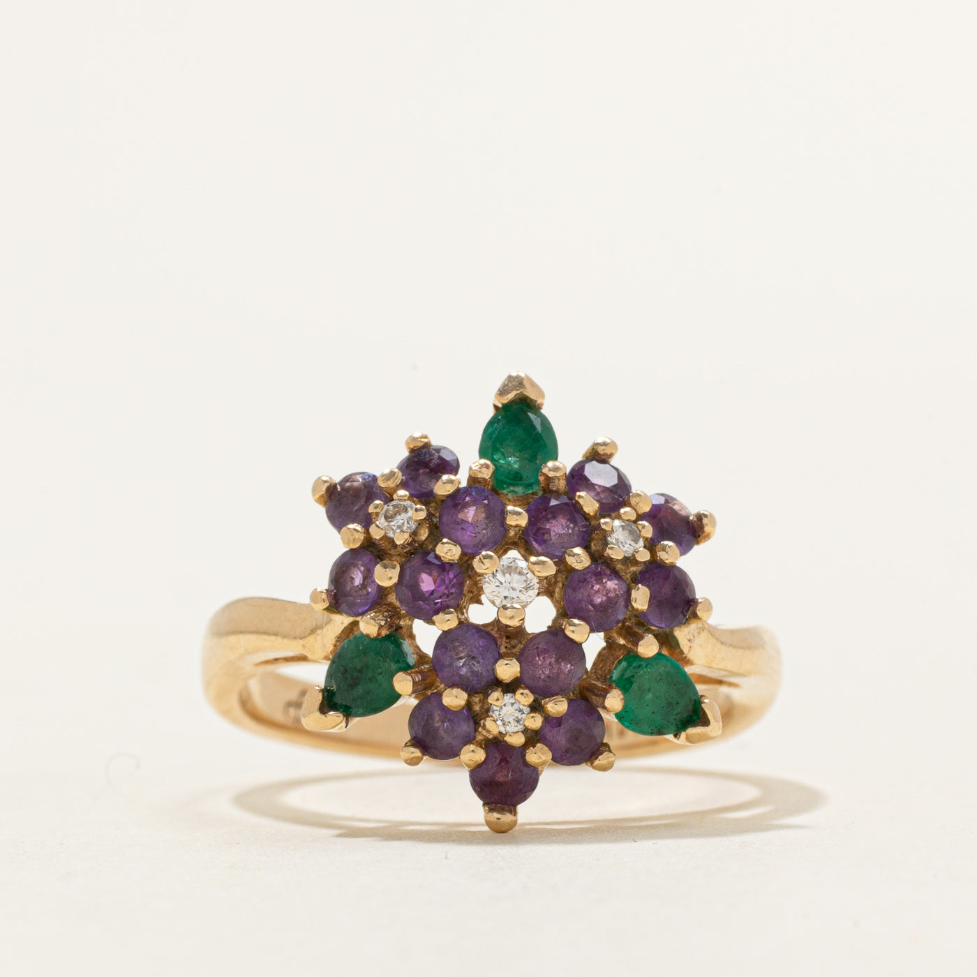Amethyst, Emerald & Diamond Floral Cluster Cocktail Ring | 0.80ctw, 0.07ctw | SZ 8.5