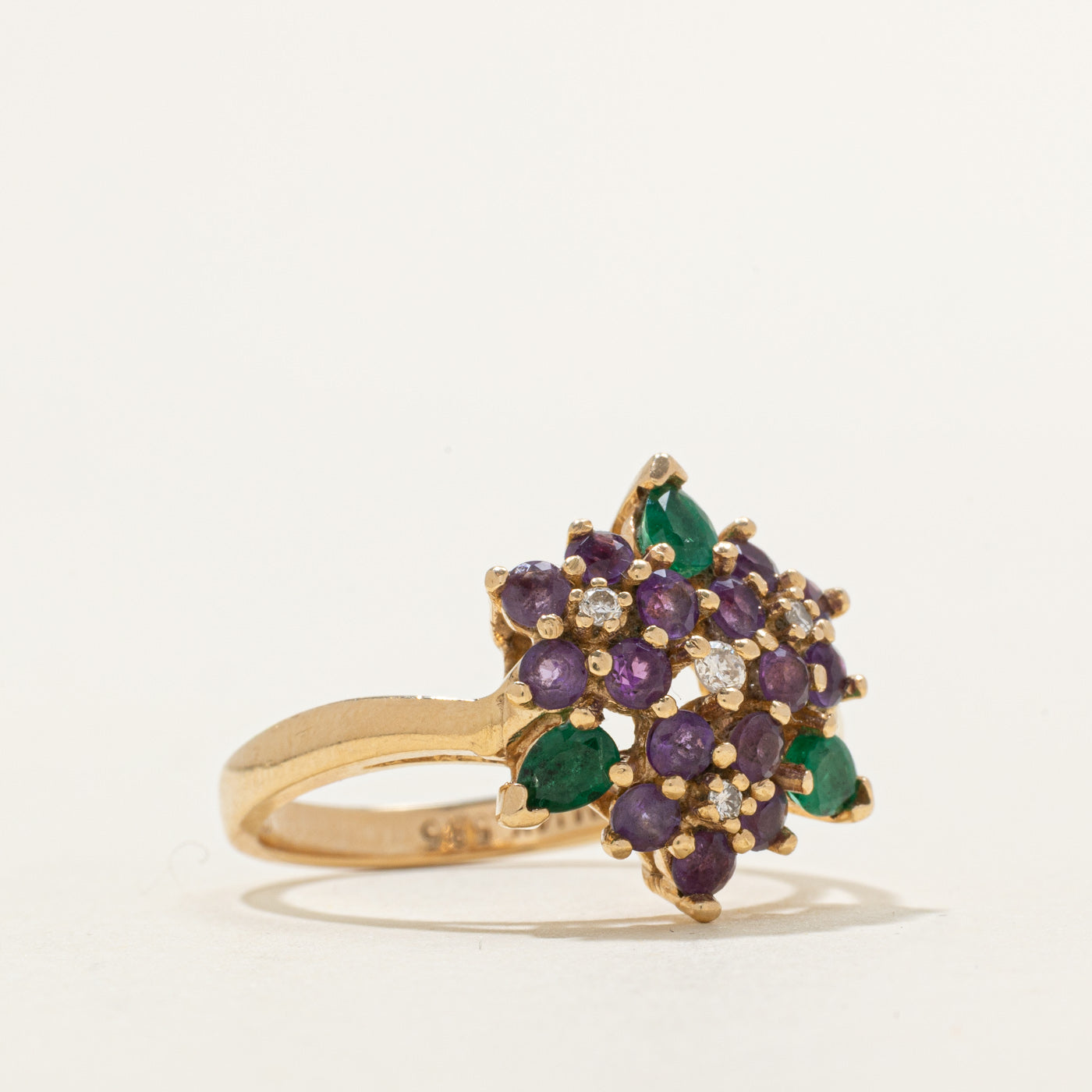 Amethyst, Emerald & Diamond Floral Cluster Cocktail Ring | 0.80ctw, 0.07ctw | SZ 8.5