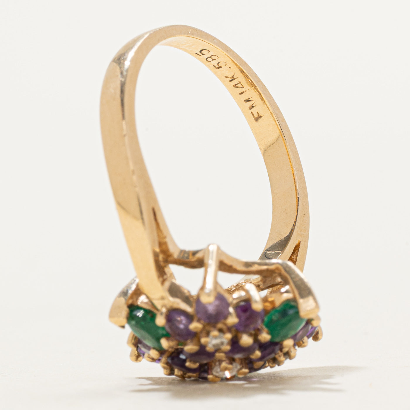 Amethyst, Emerald & Diamond Floral Cluster Cocktail Ring | 0.80ctw, 0.07ctw | SZ 8.5