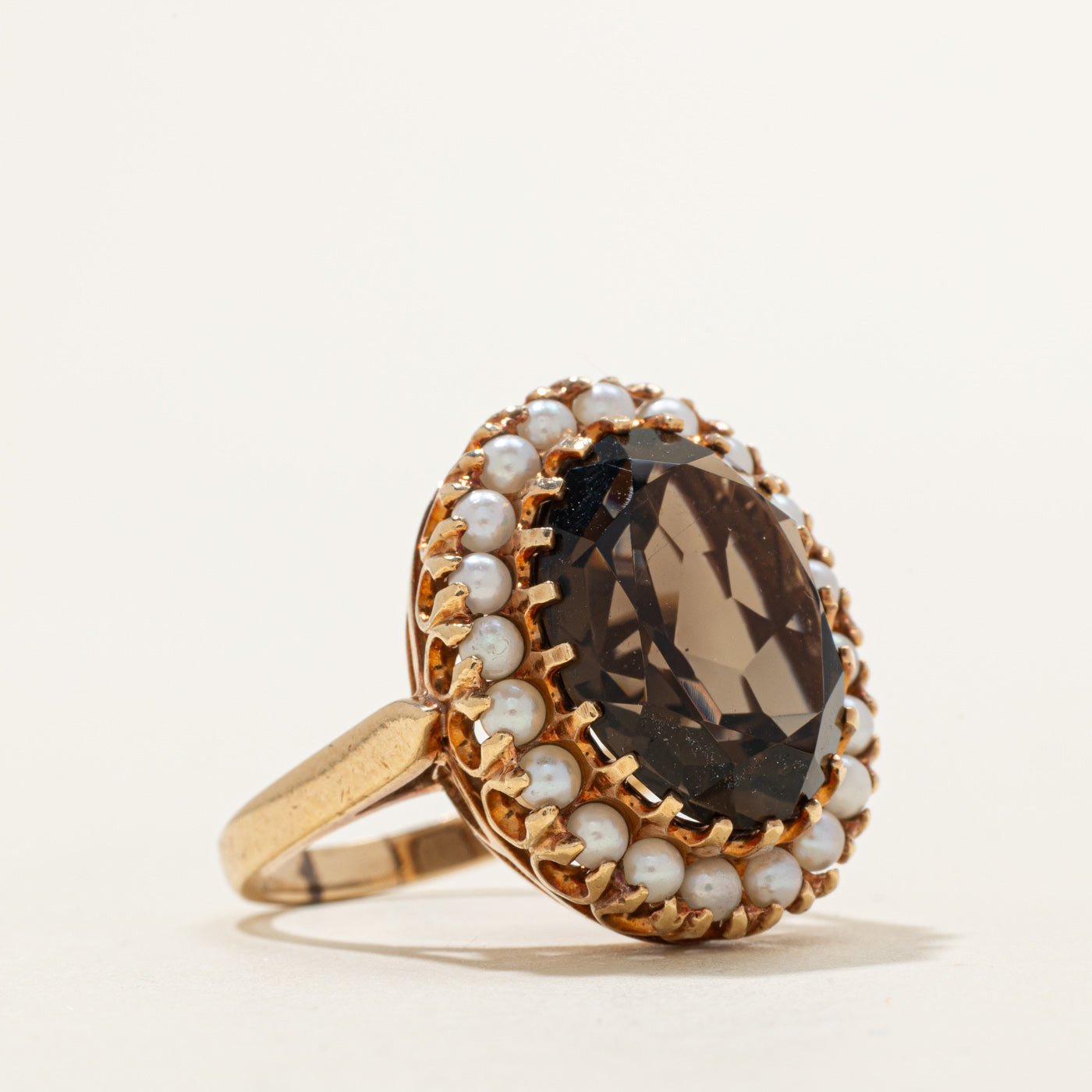 Smoky Quartz & Seed Pearl Halo Cocktail Ring | 10.00ct | SZ 8.0