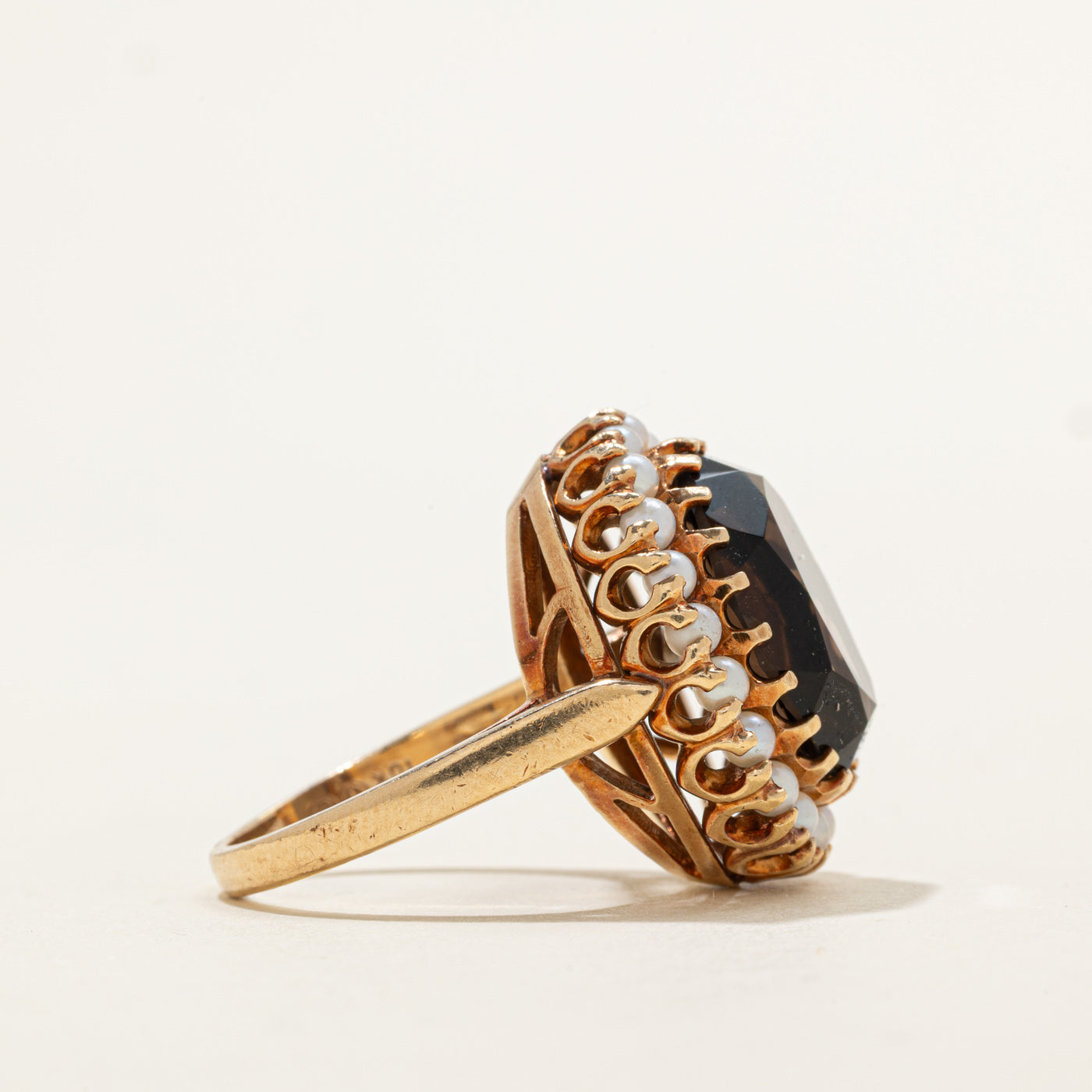 Smoky Quartz & Seed Pearl Halo Cocktail Ring | 10.00ct | SZ 8.0