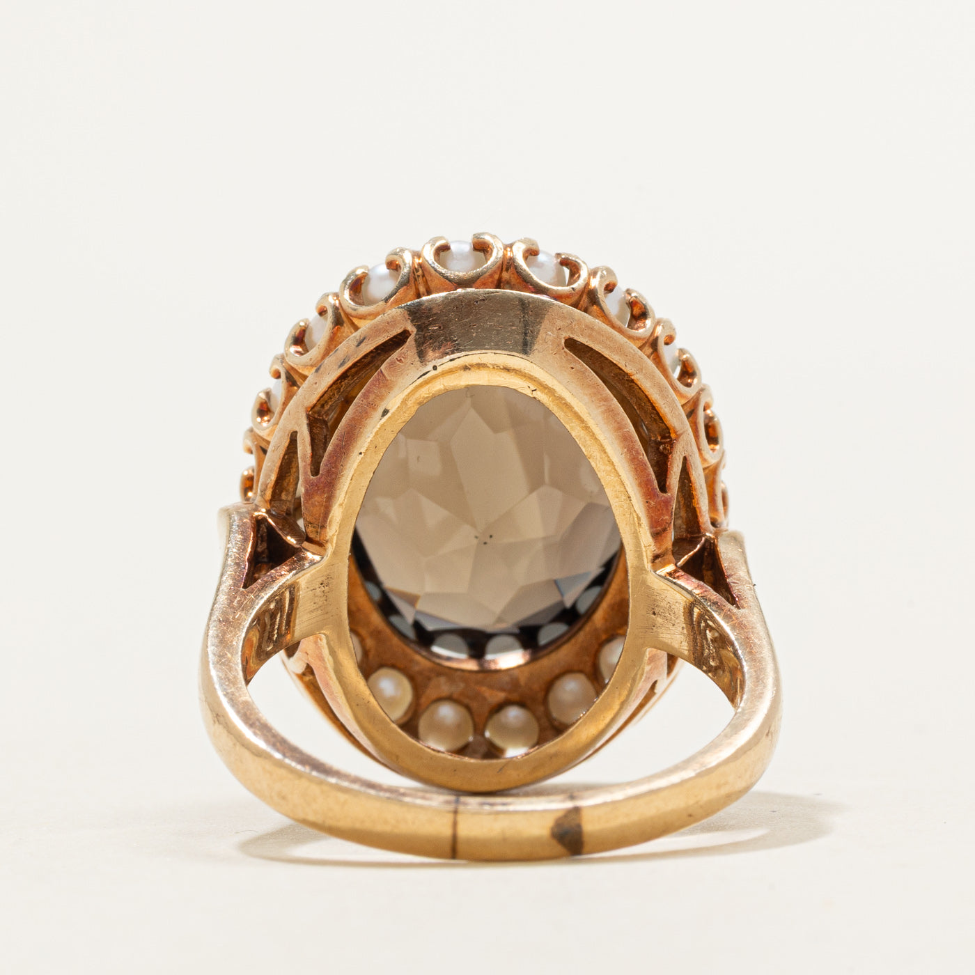 Smoky Quartz & Seed Pearl Halo Cocktail Ring | 10.00ct | SZ 8.0