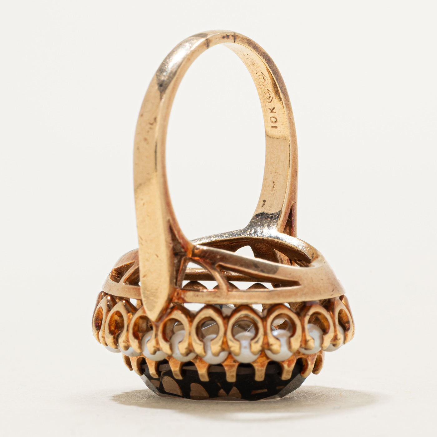 Smoky Quartz & Seed Pearl Halo Cocktail Ring | 10.00ct | SZ 8.0