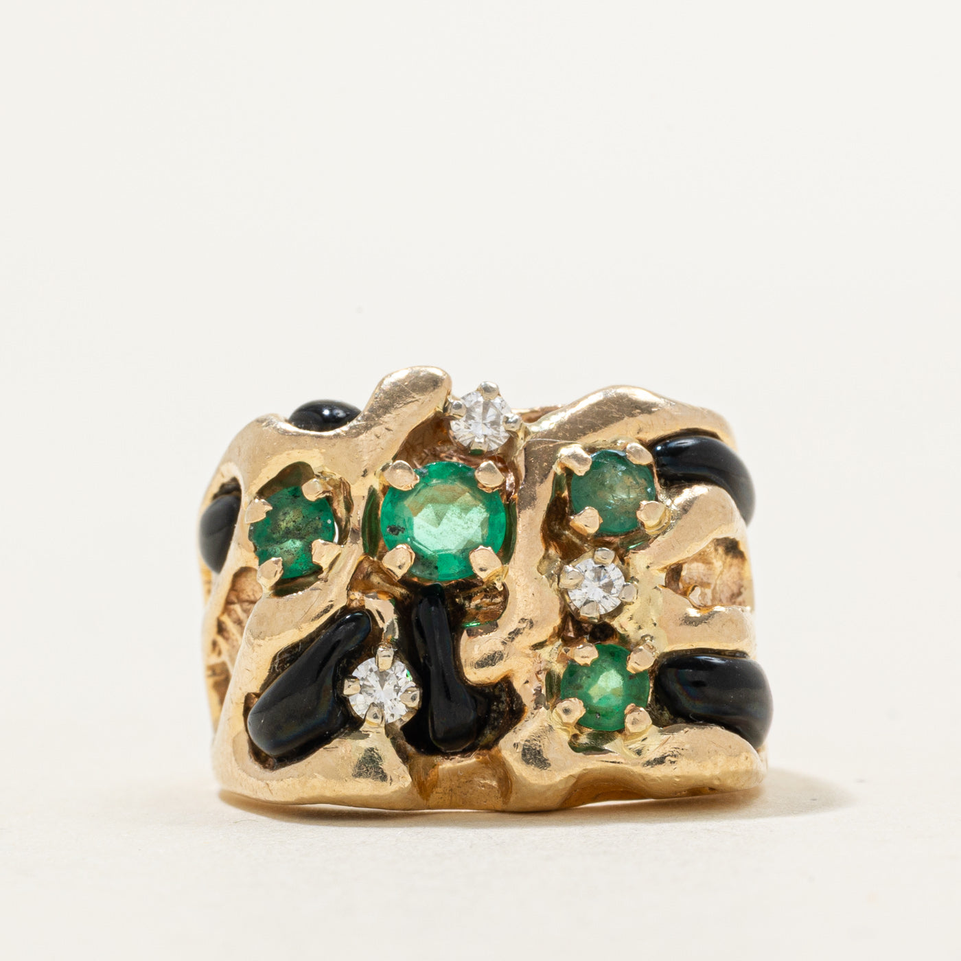 Onyx, Emerald & Diamond Abstract Cocktail Ring | 1.45ctw, 0.09ctw | SZ 6.0