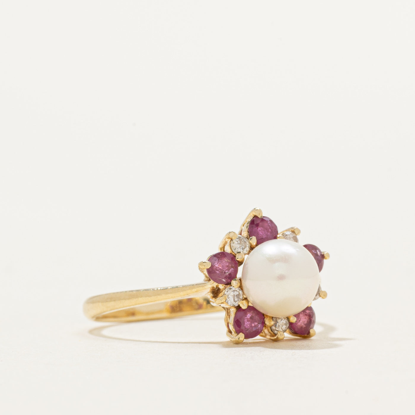 Pearl, Ruby & Diamond Floral Ring | 0.34ctw, 0.05ctw | SZ 6.5