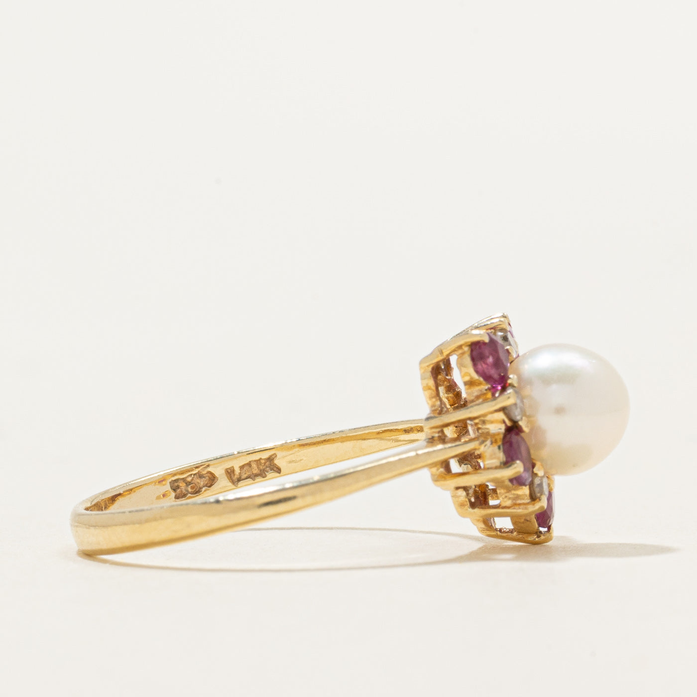 Pearl, Ruby & Diamond Floral Ring | 0.34ctw, 0.05ctw | SZ 6.5